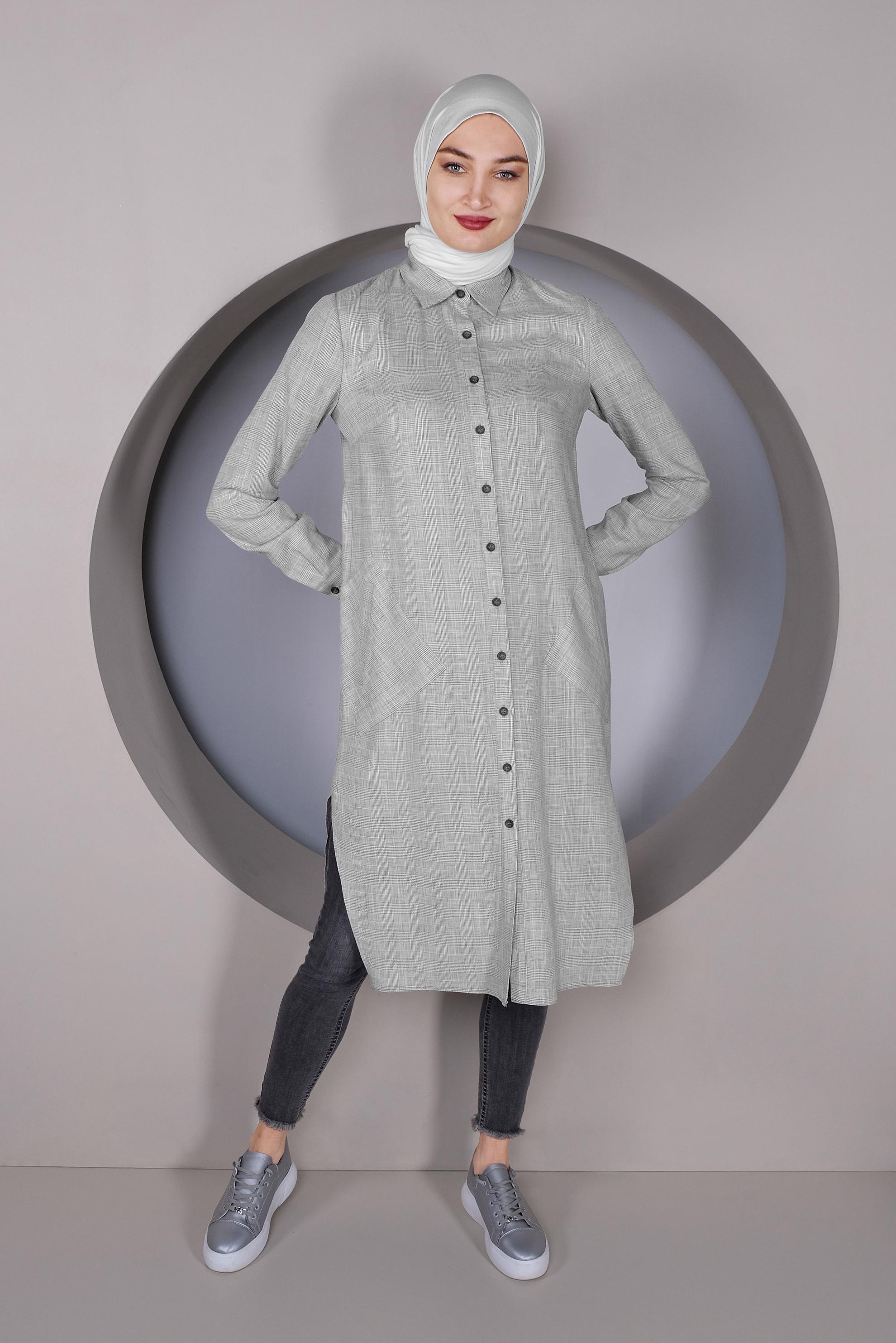 Tesettür giyim GRİ DÜĞMELİ UZUN TUNİK 41343