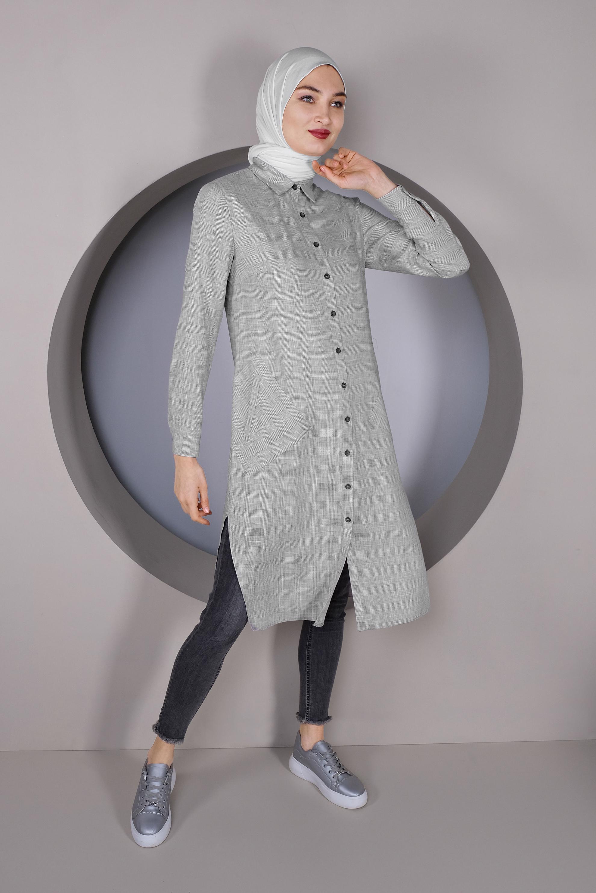 Tesettür giyim GRİ DÜĞMELİ UZUN TUNİK 41343