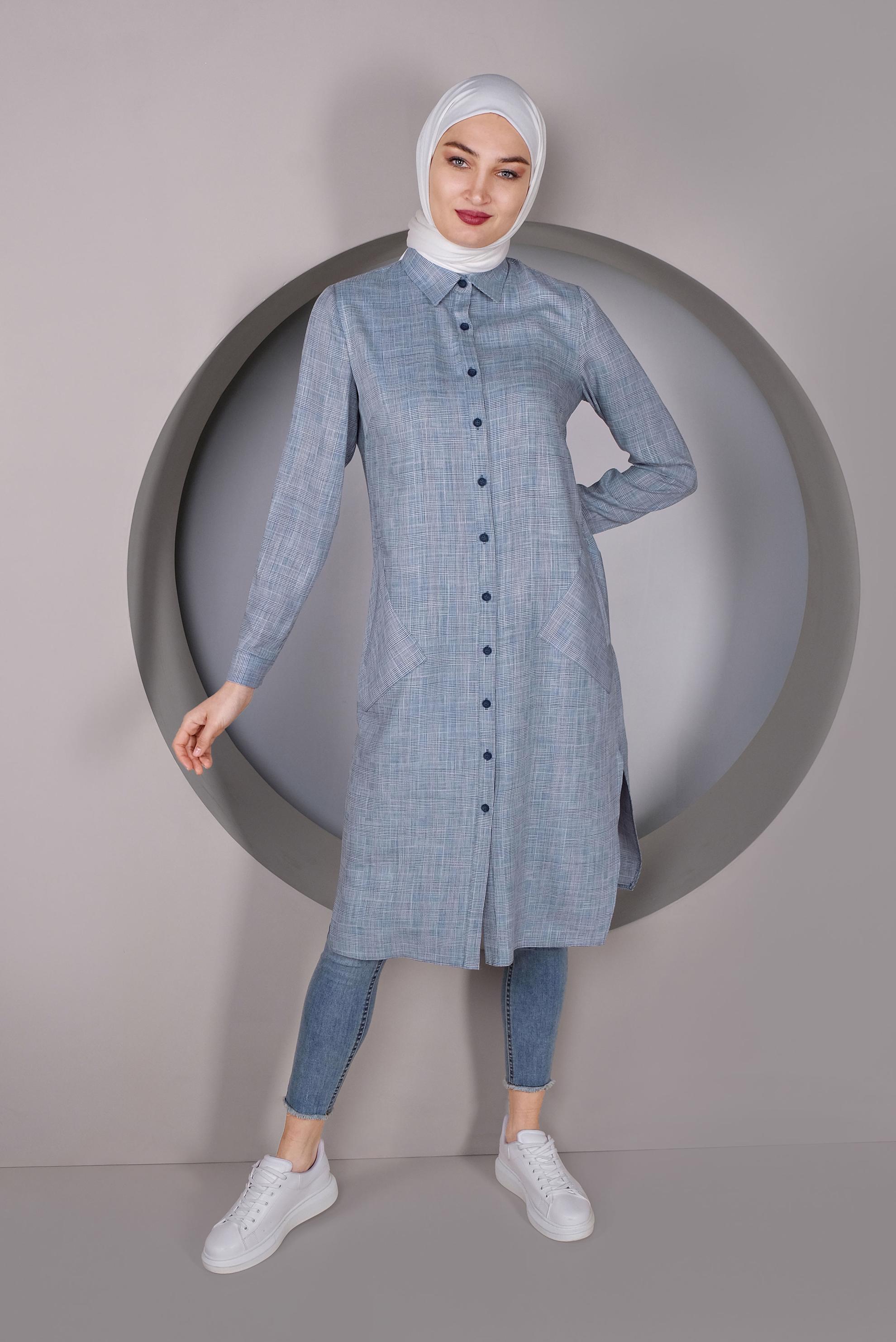 Tesettür giyim LACİVERT DÜĞMELİ UZUN TUNİK 41343