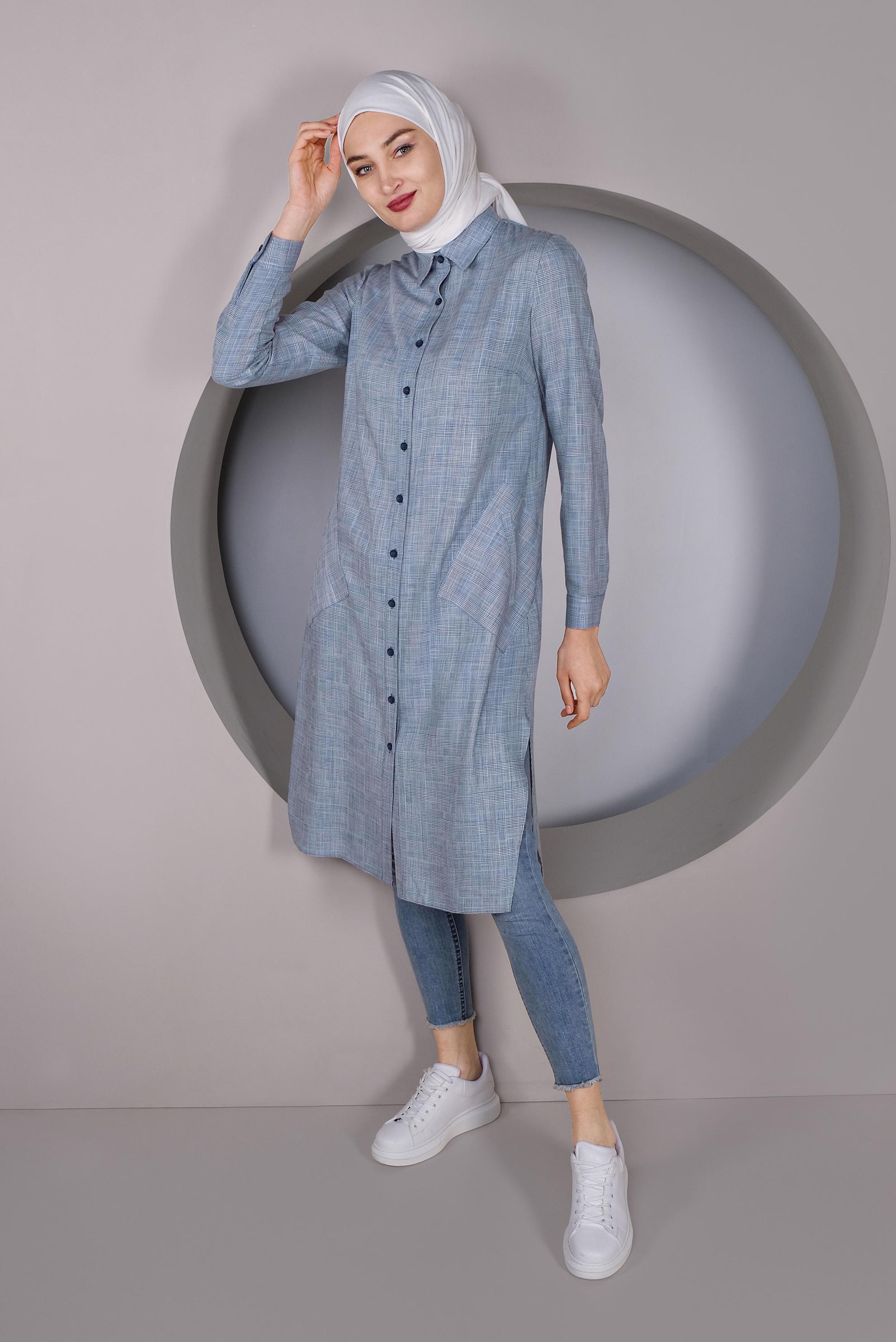 Tesettür giyim LACİVERT DÜĞMELİ UZUN TUNİK 41343