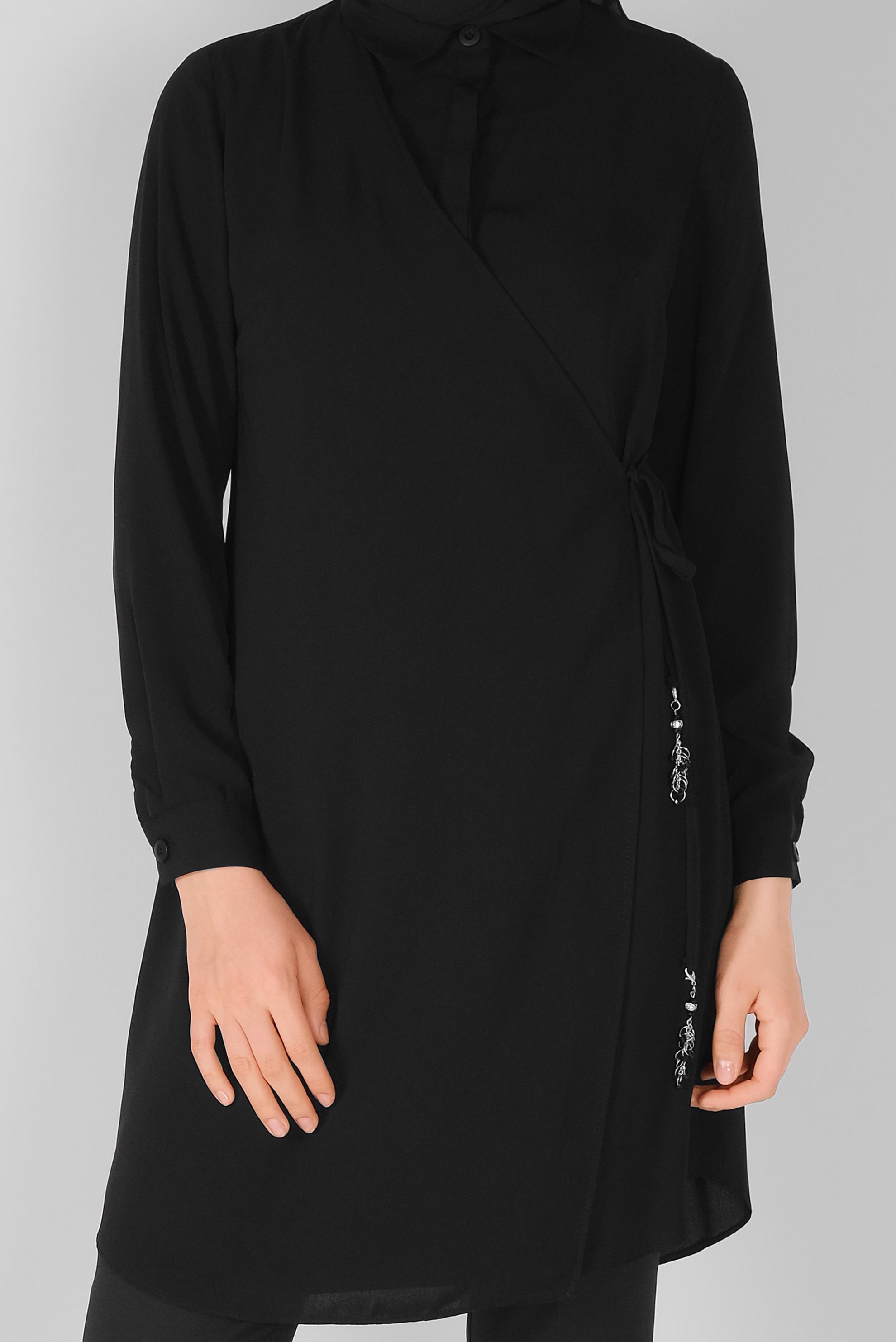 Tesettür giyim SİYAH GİZLİ DÜĞMELİ PARÇA DETAYLI TUNİK 41344