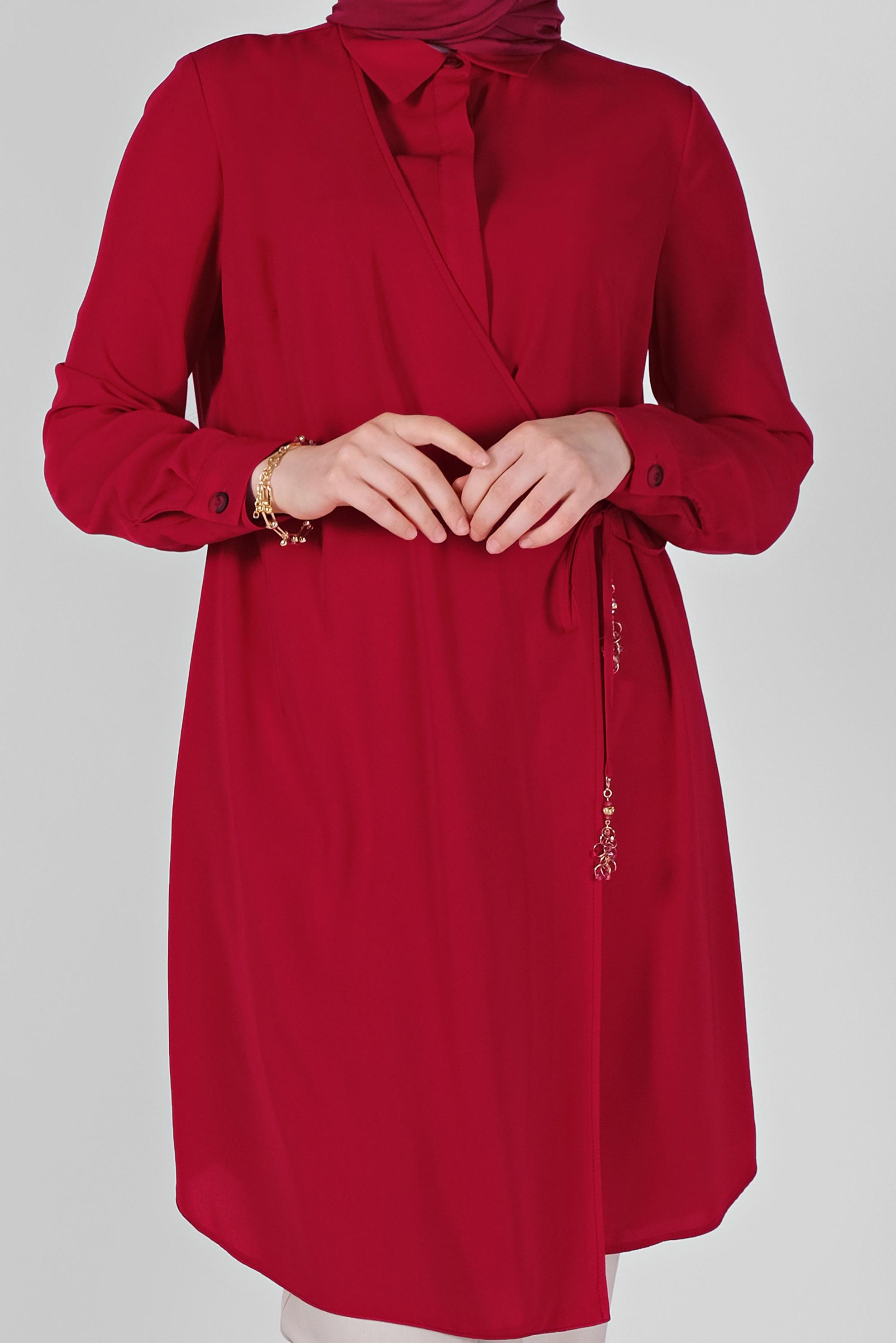 Tesettür giyim KIRMIZI GİZLİ DÜĞMELİ PARÇA DETAYLI TUNİK 41344