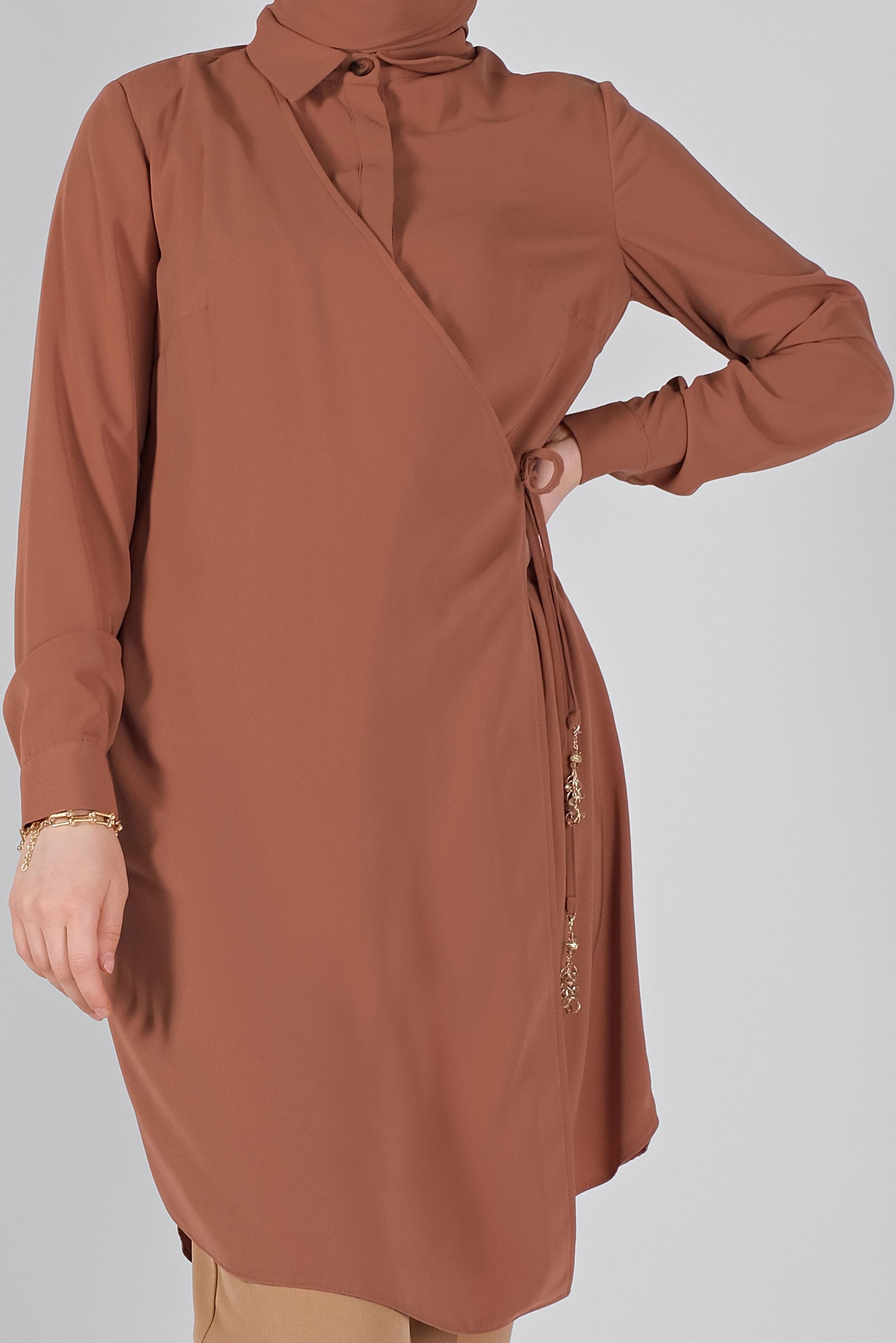 Tesettür giyim KAHVE GİZLİ DÜĞMELİ PARÇA DETAYLI TUNİK 41344