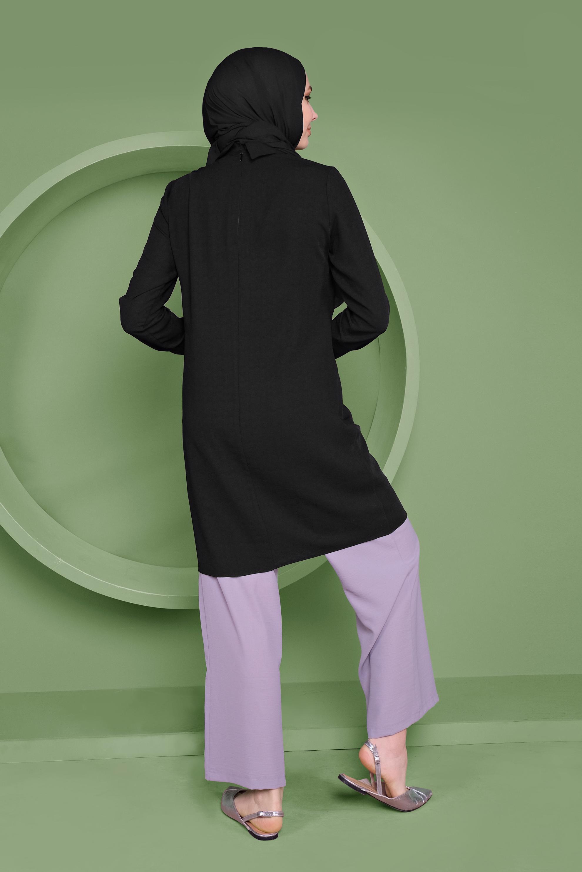 Tesettür giyim SİYAH NAKIŞ İŞLEMELİ CEPLİ TUNİK 41345