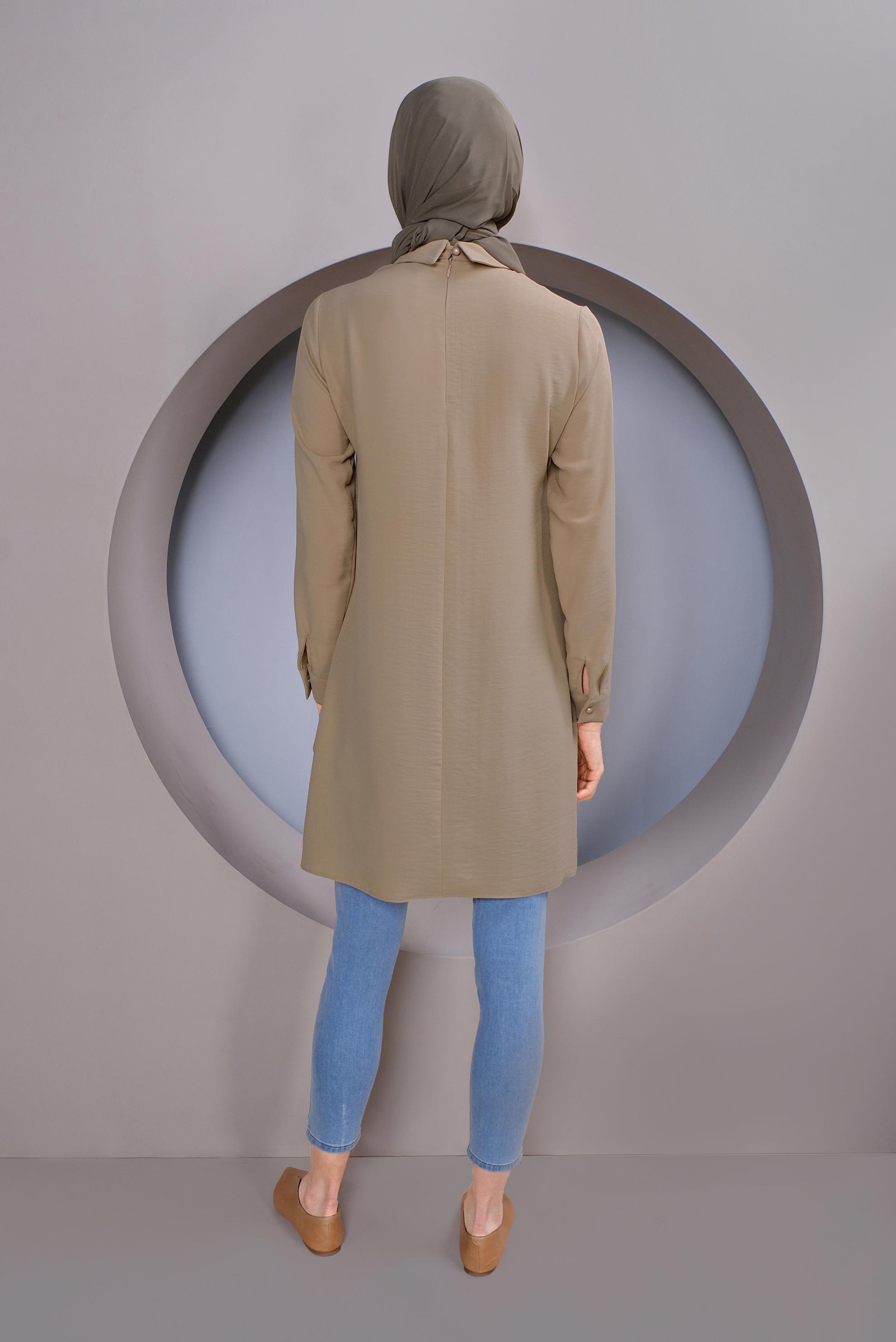 Tesettür giyim BEJ NAKIŞ İŞLEMELİ CEPLİ TUNİK 41345