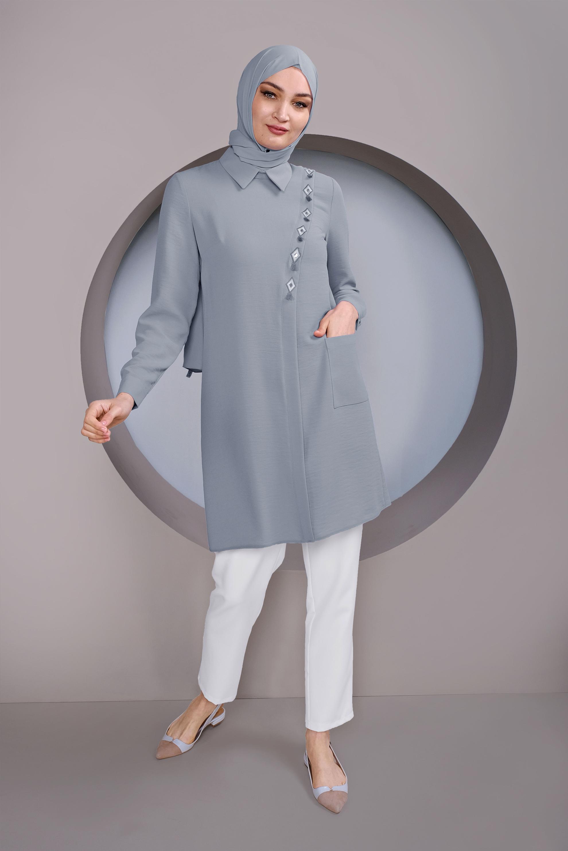 Tesettür giyim GRİ NAKIŞ İŞLEMELİ CEPLİ TUNİK 41345