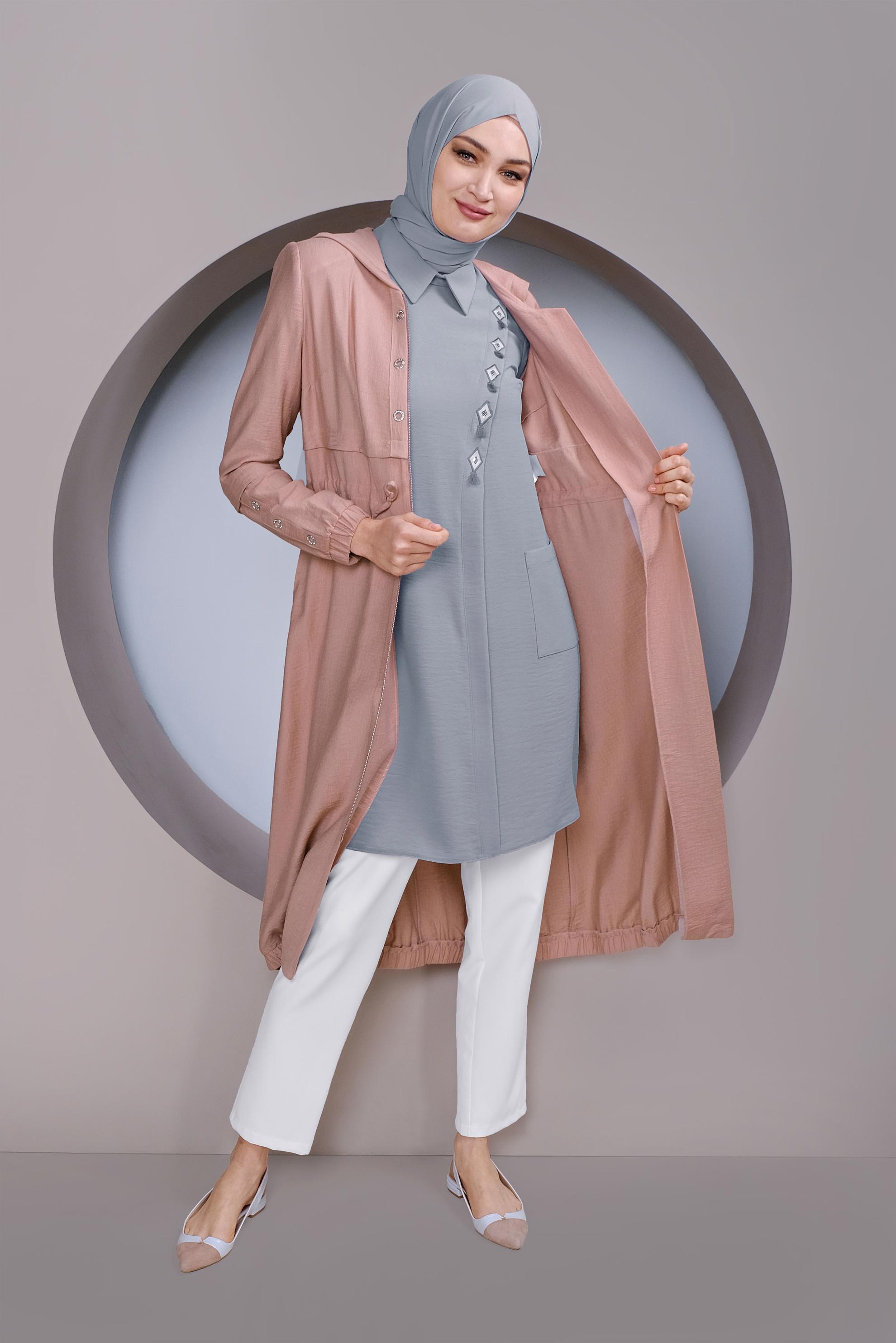 Tesettür giyim GRİ NAKIŞ İŞLEMELİ CEPLİ TUNİK 41345