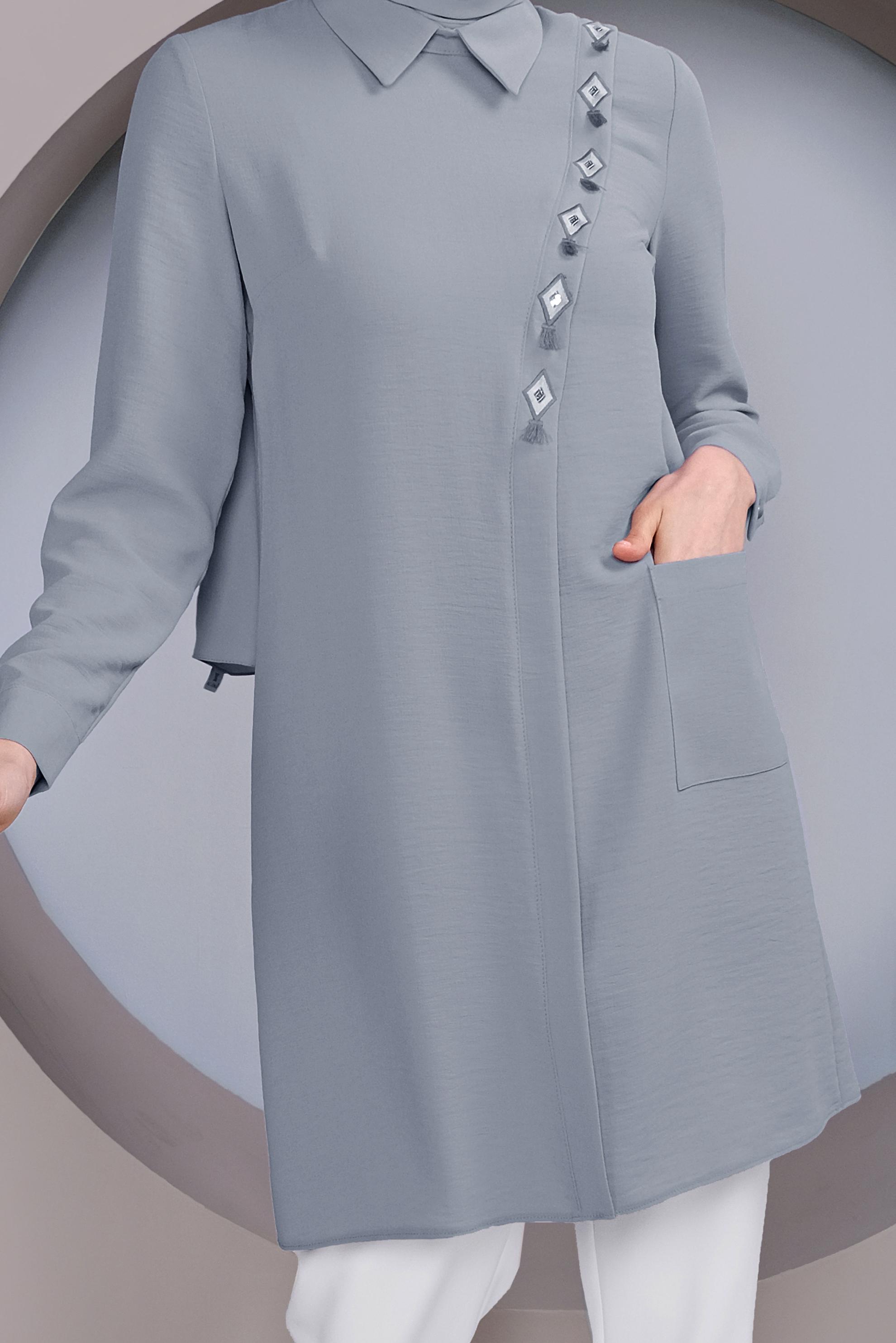 Tesettür giyim GRİ NAKIŞ İŞLEMELİ CEPLİ TUNİK 41345