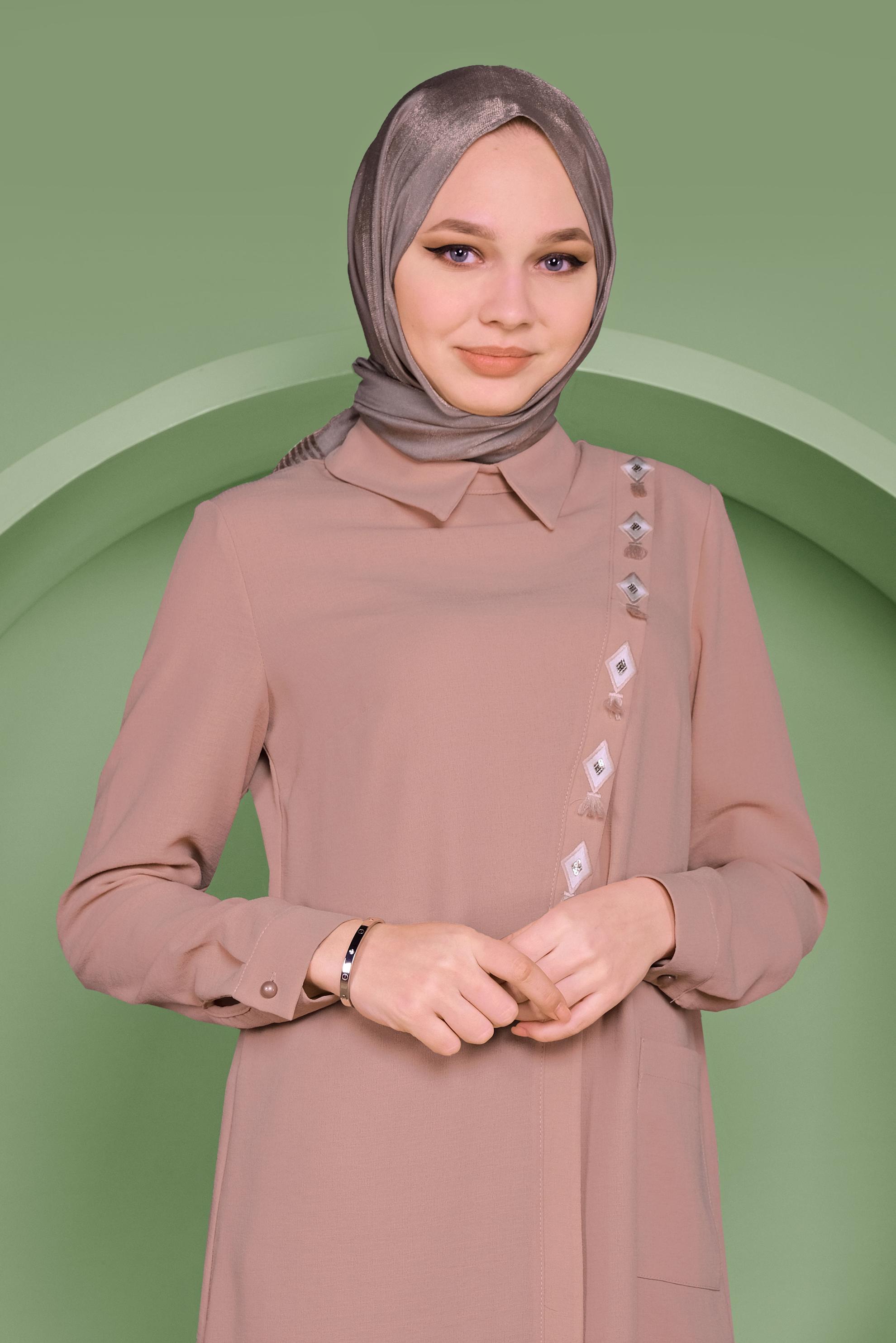 Tesettür giyim PUDRA NAKIŞ İŞLEMELİ CEPLİ TUNİK 41345