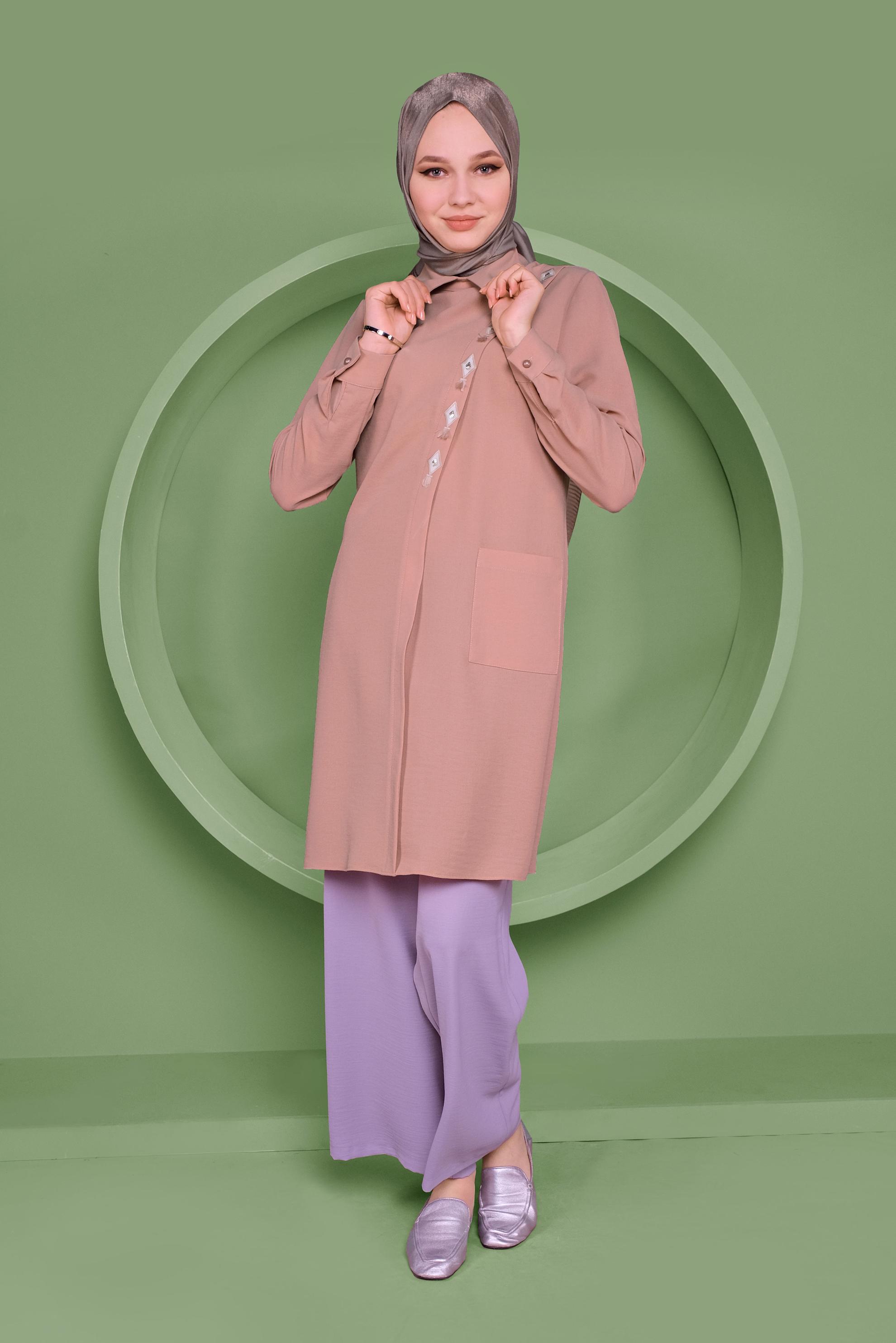 Tesettür giyim PUDRA NAKIŞ İŞLEMELİ CEPLİ TUNİK 41345