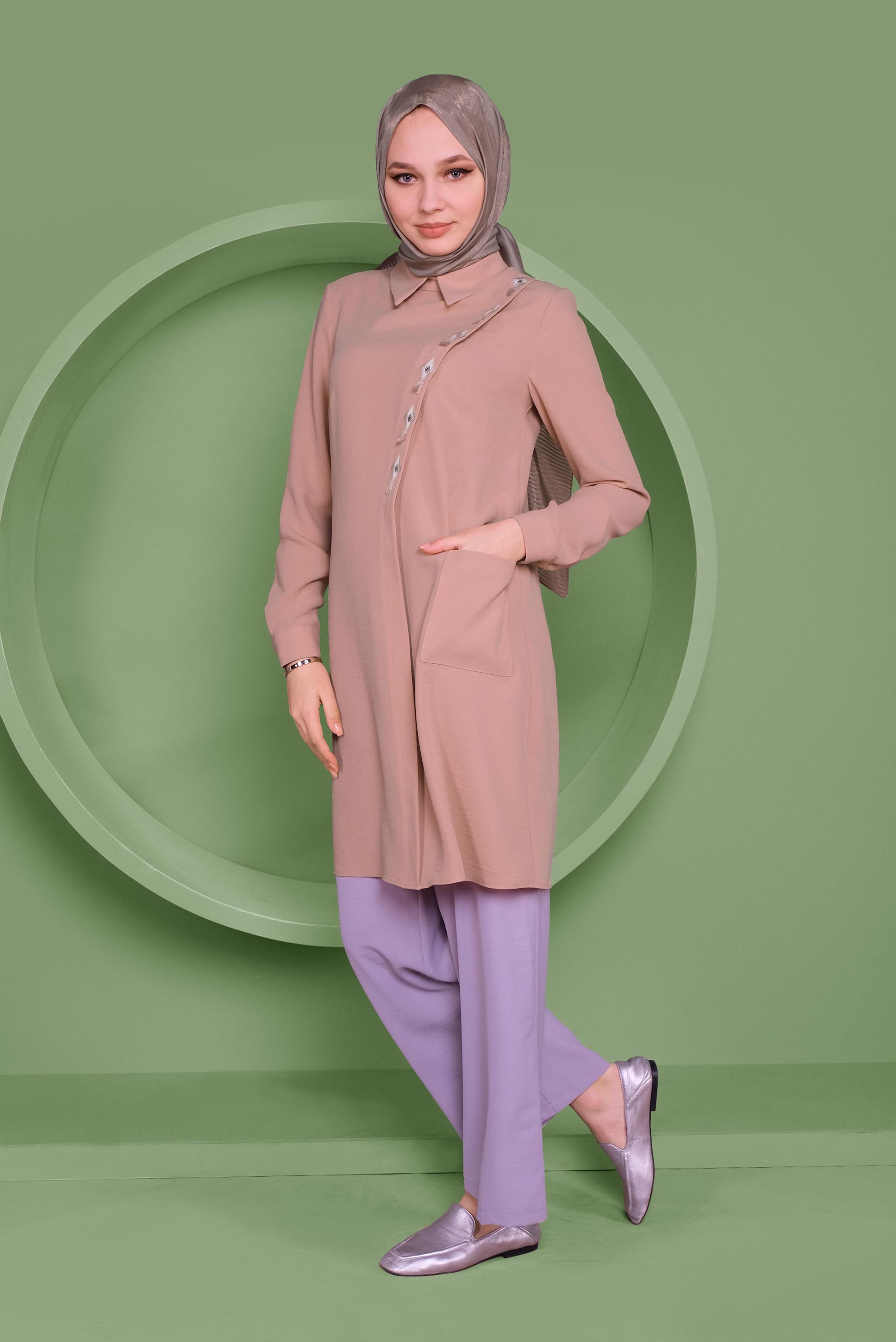 Tesettür giyim PUDRA NAKIŞ İŞLEMELİ CEPLİ TUNİK 41345