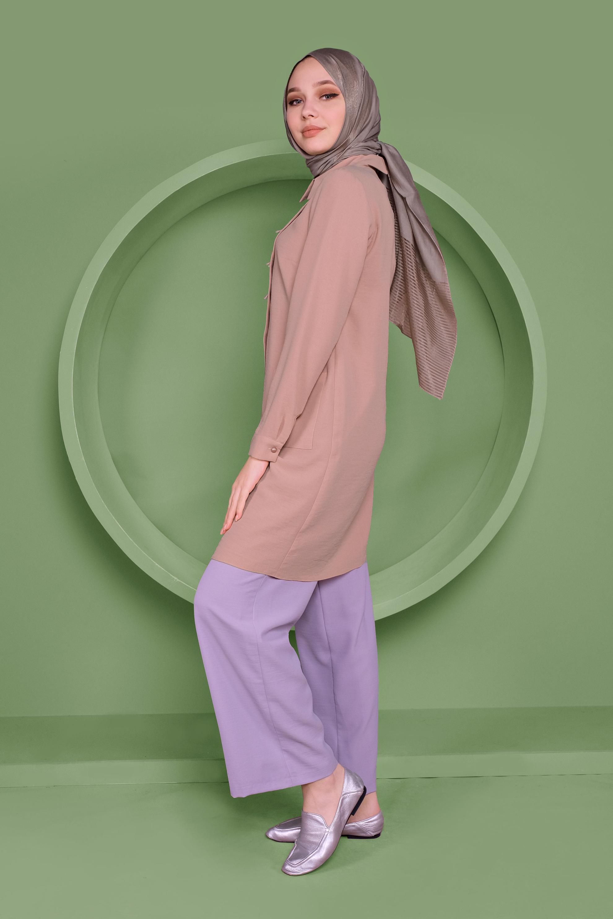 Tesettür giyim PUDRA NAKIŞ İŞLEMELİ CEPLİ TUNİK 41345