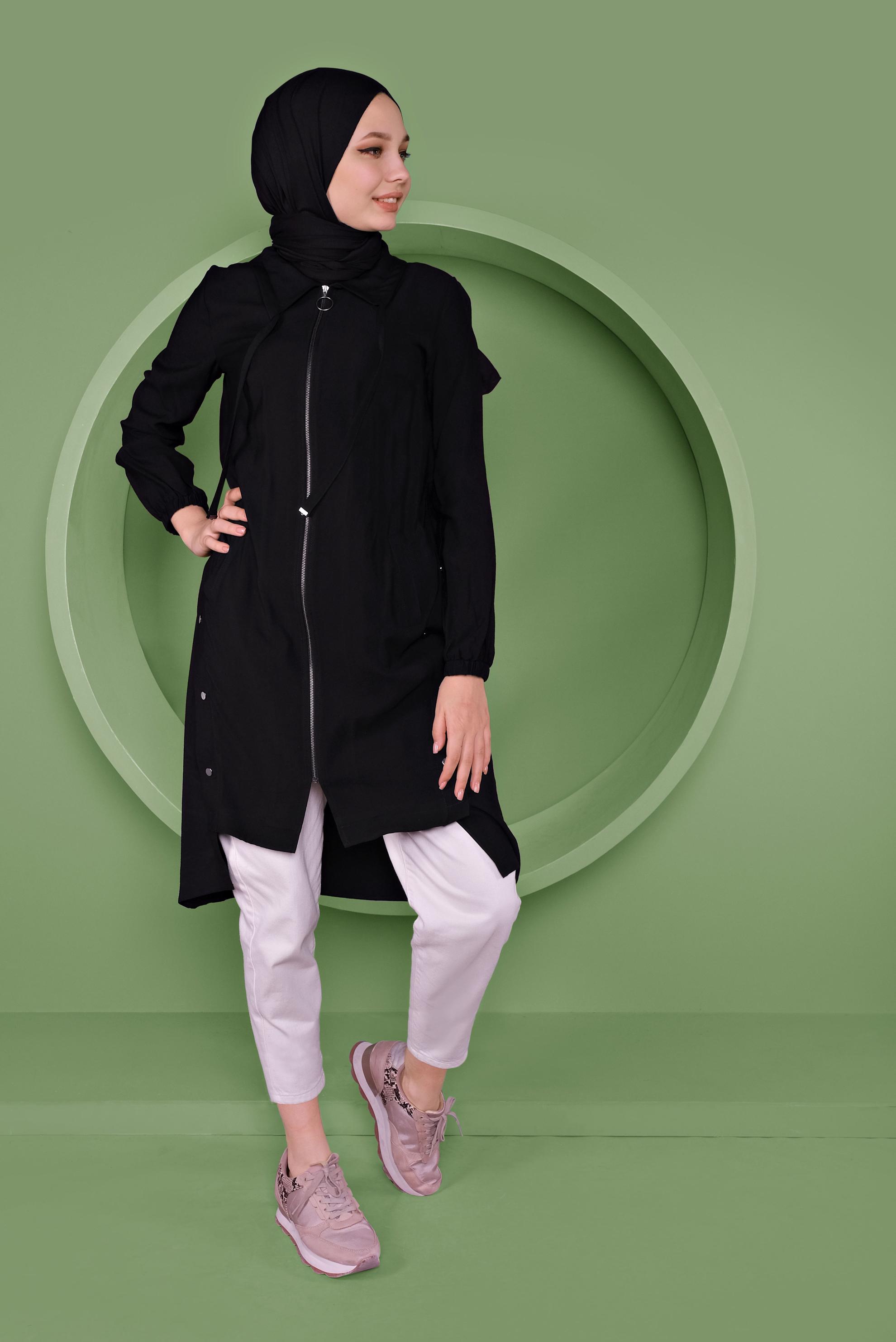 Tesettür giyim SİYAH FERMUARLI ÇITÇIT DETAYLI TUNİK 41347