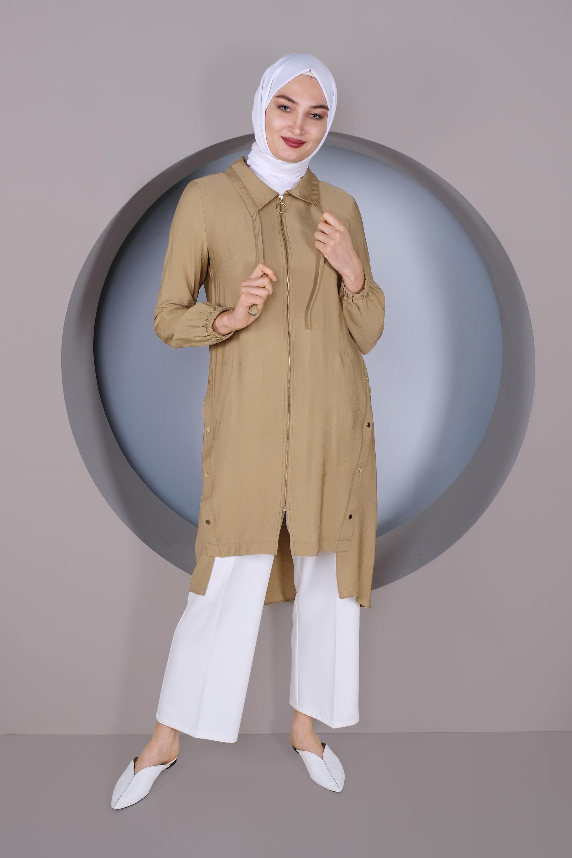 Tesettür giyim KAHVE FERMUARLI ÇITÇIT DETAYLI TUNİK 41347