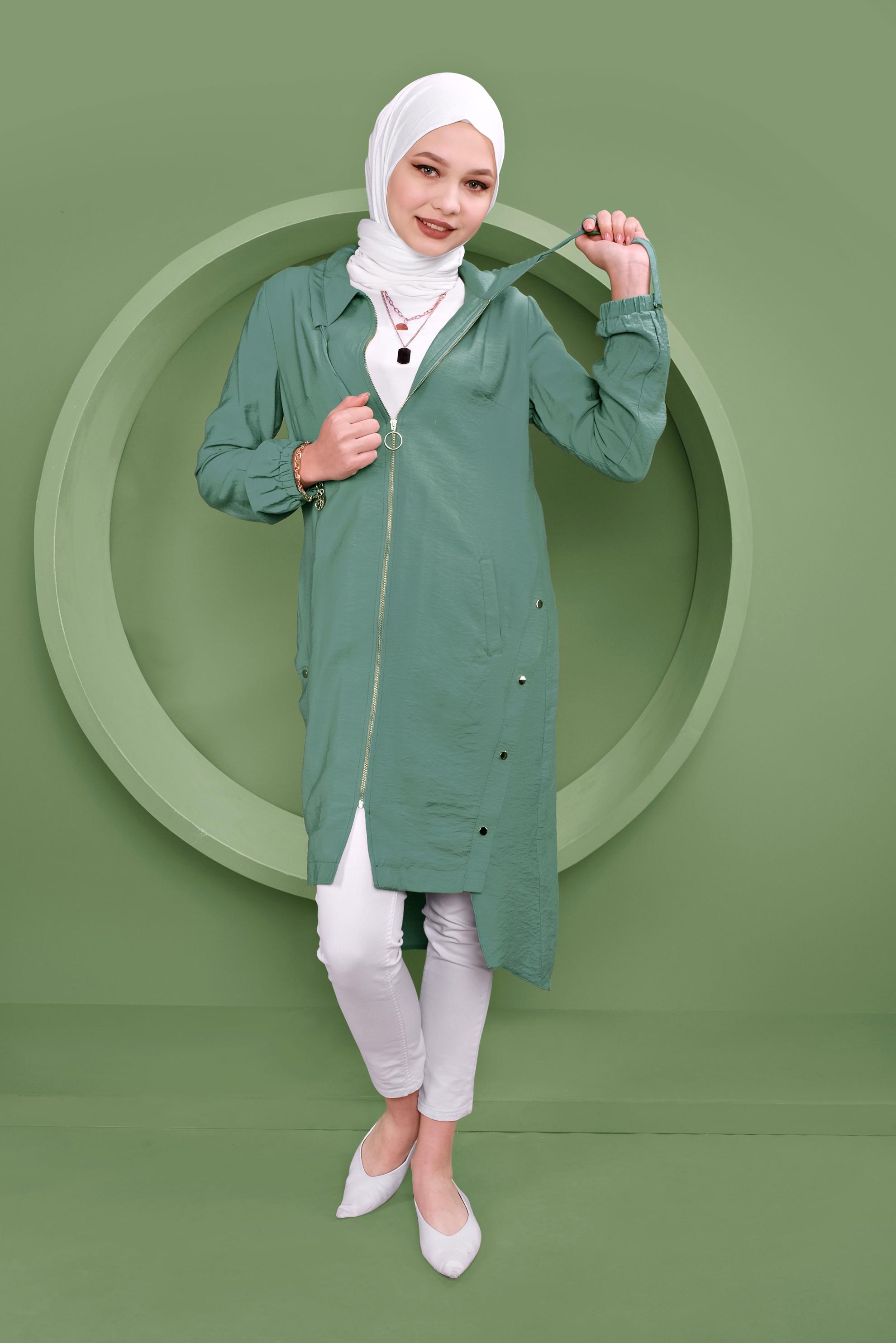 Tesettür giyim YEŞİL FERMUARLI ÇITÇIT DETAYLI TUNİK 41347