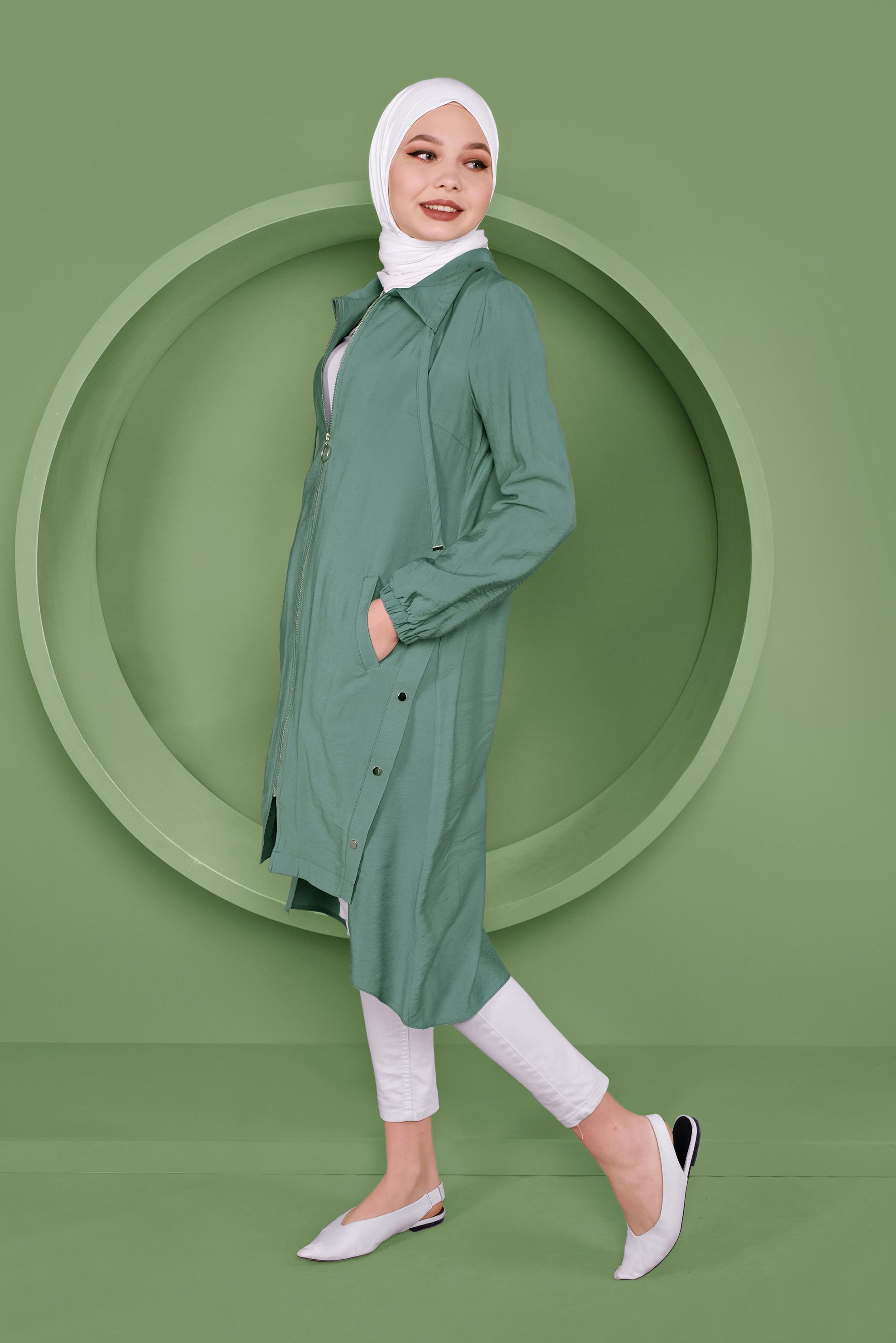 Tesettür giyim YEŞİL FERMUARLI ÇITÇIT DETAYLI TUNİK 41347
