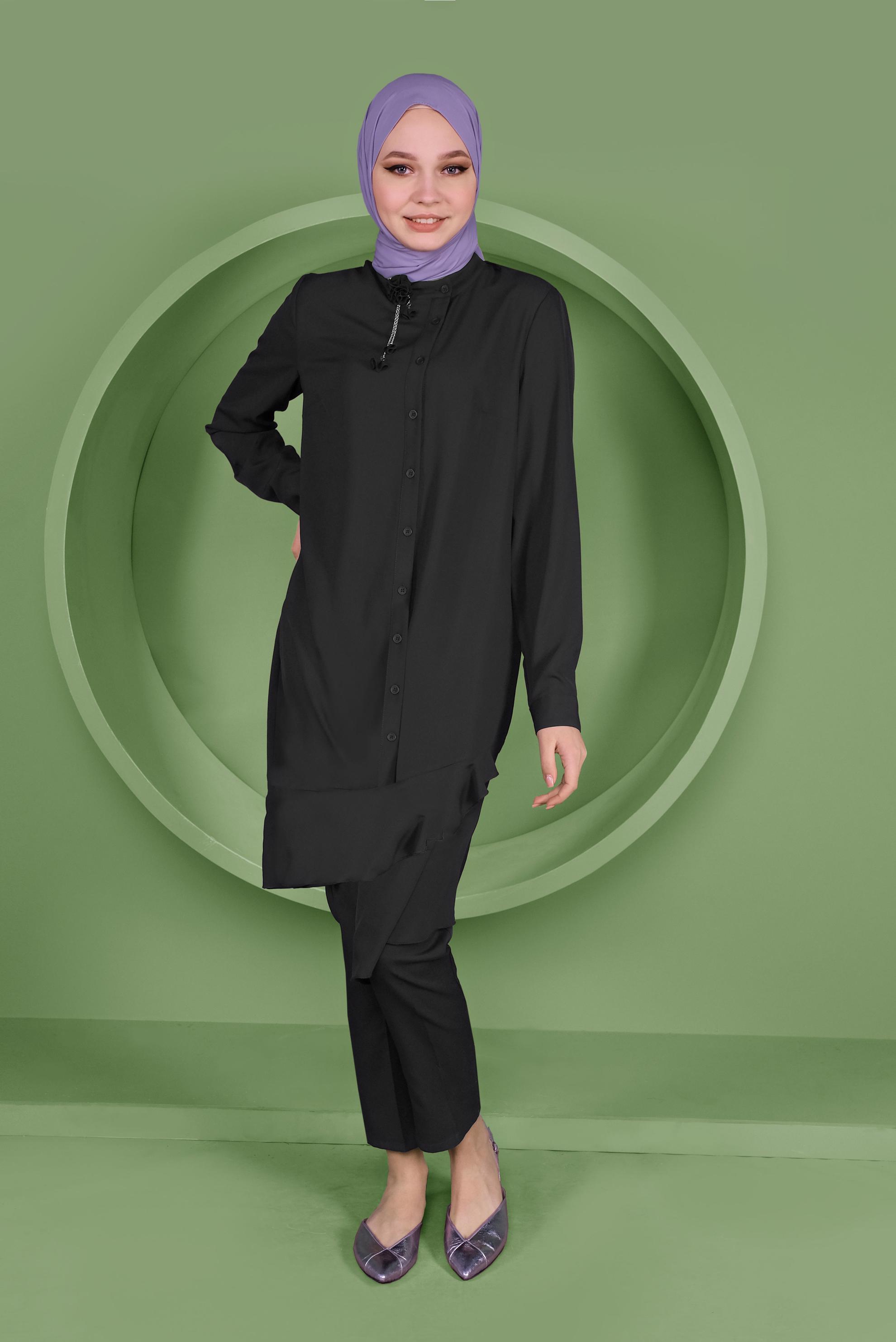 Tesettür giyim SİYAH ETEKUCU FIRFIRLI ASİMETRİK KESİM TUNİK 41348