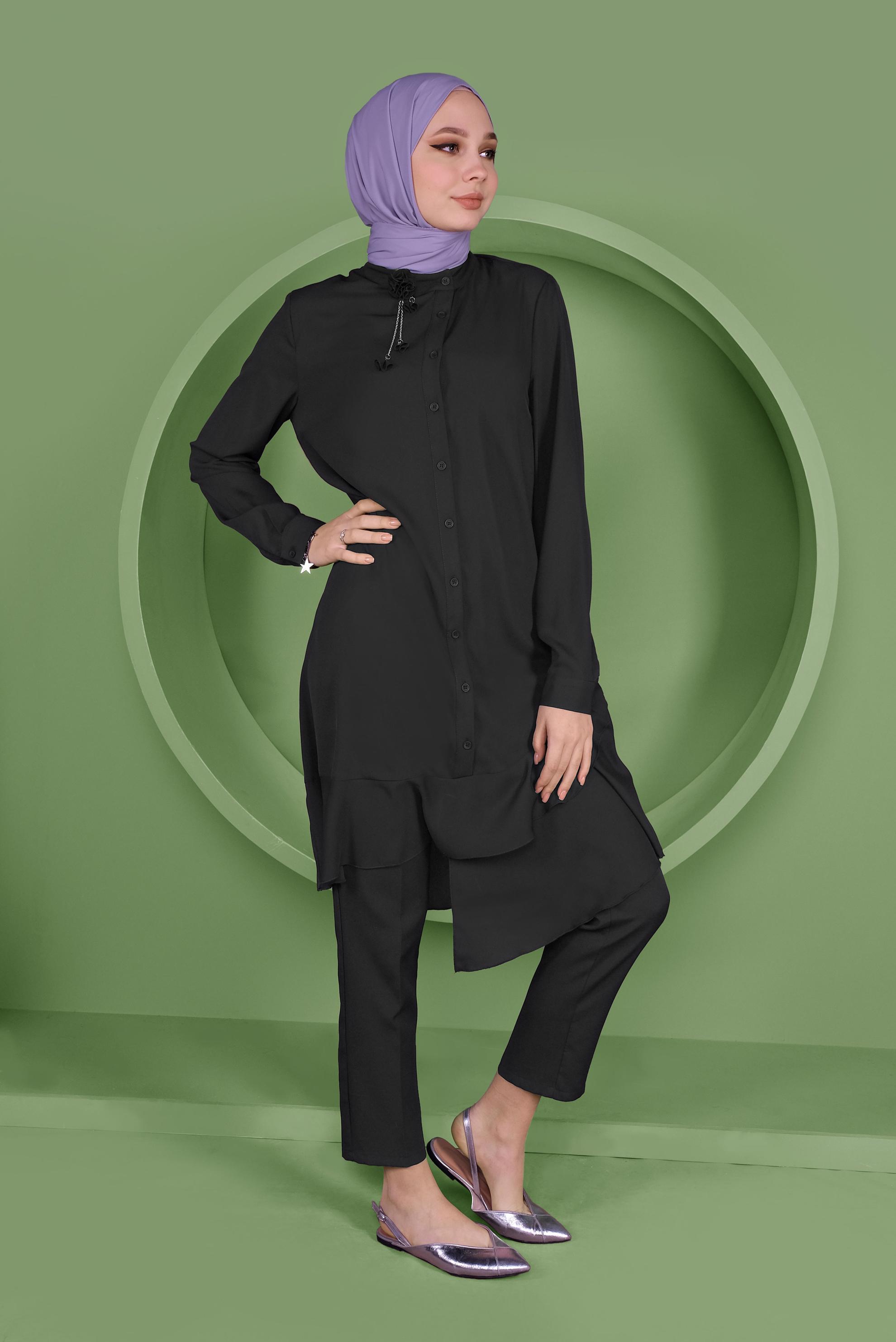 Tesettür giyim SİYAH ETEKUCU FIRFIRLI ASİMETRİK KESİM TUNİK 41348