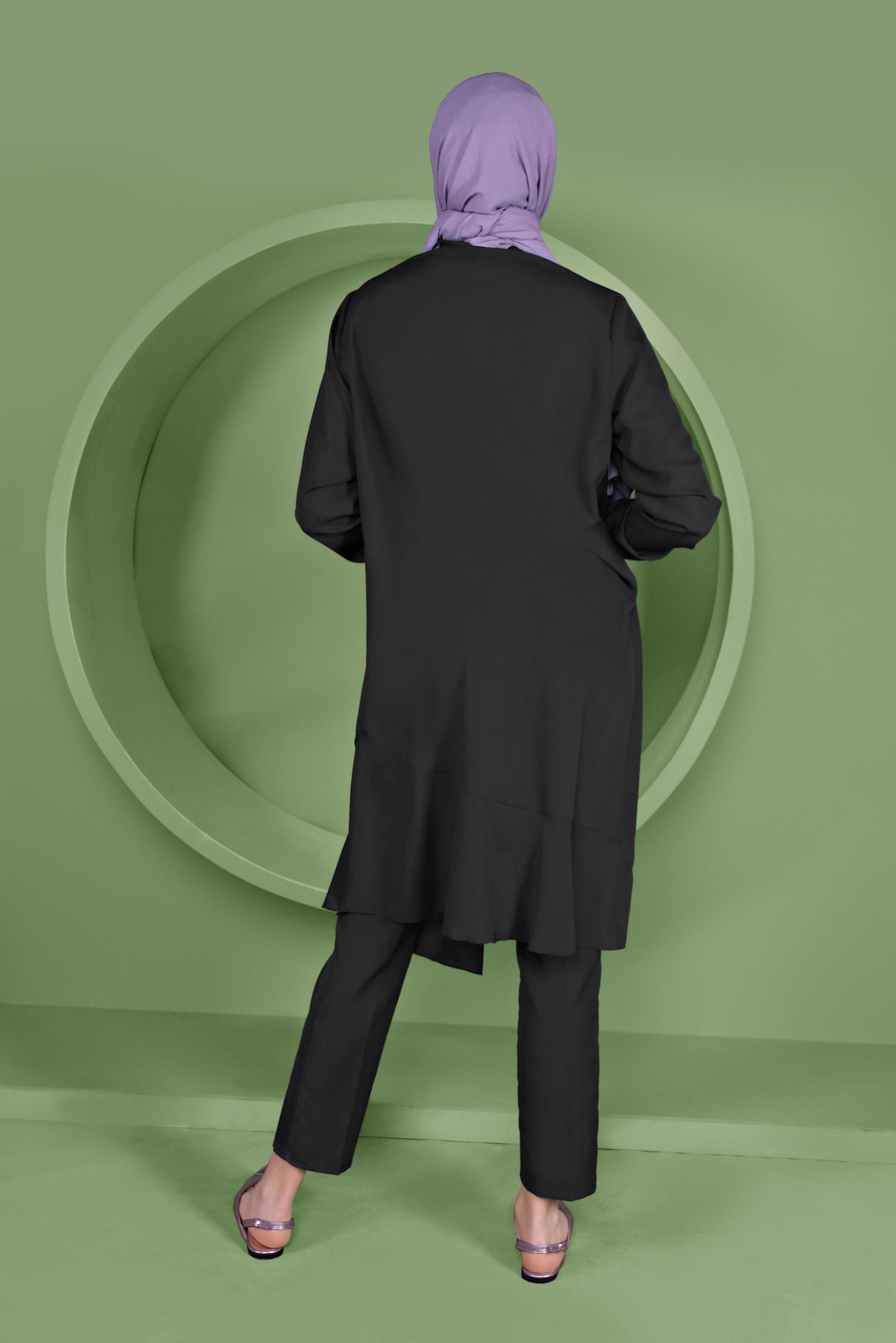 Tesettür giyim SİYAH ETEKUCU FIRFIRLI ASİMETRİK KESİM TUNİK 41348