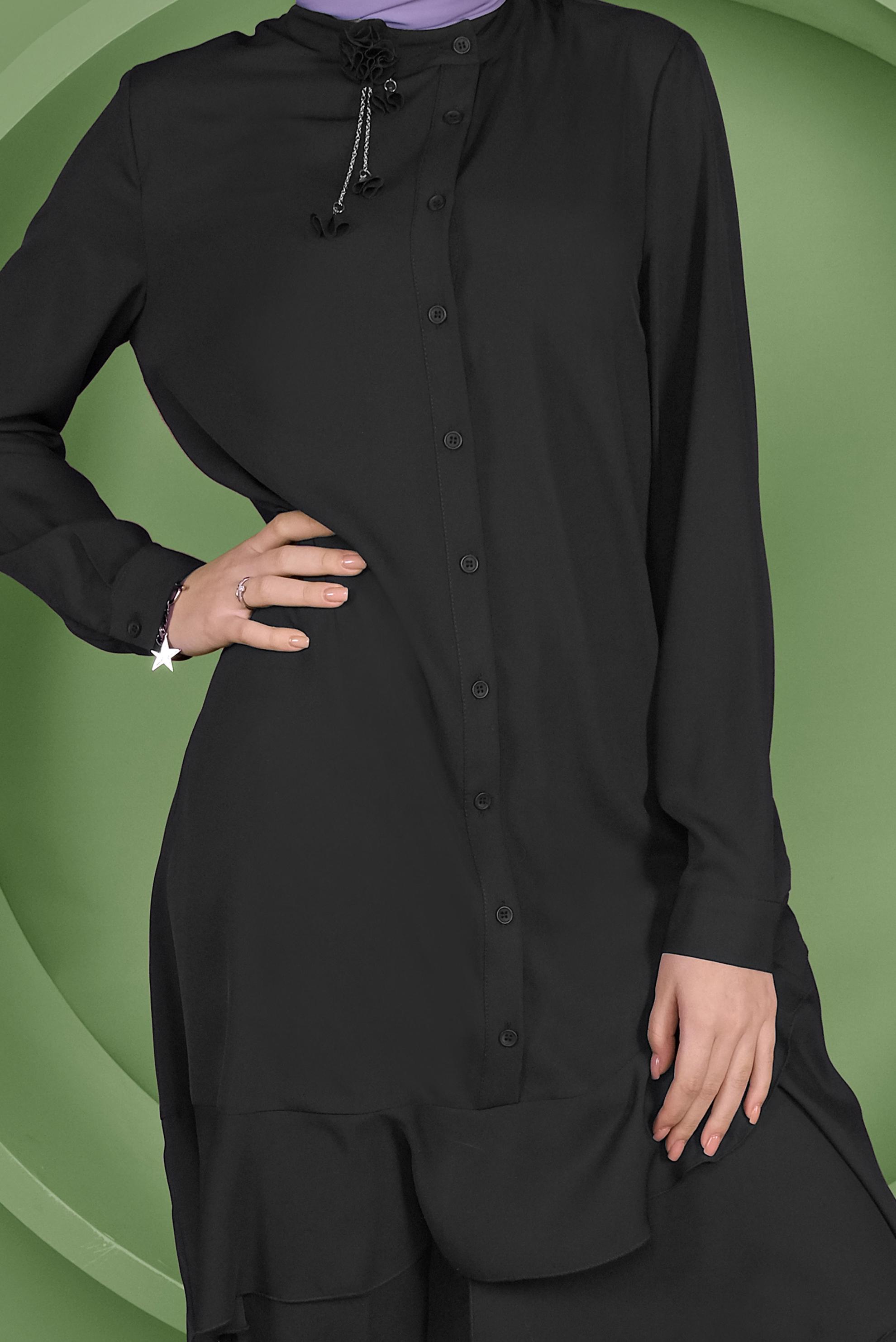 Tesettür giyim SİYAH ETEKUCU FIRFIRLI ASİMETRİK KESİM TUNİK 41348