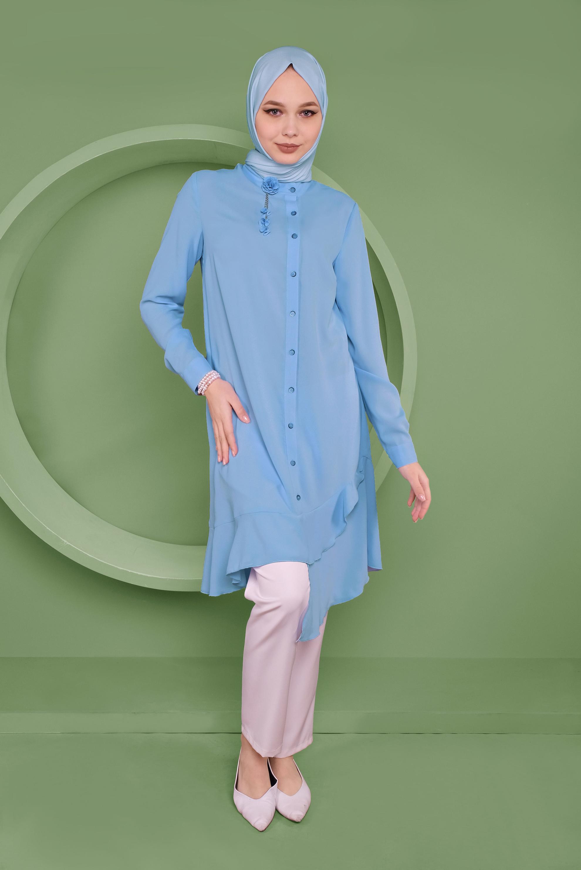 Tesettür giyim MAVİ ETEKUCU FIRFIRLI ASİMETRİK KESİM TUNİK 41348