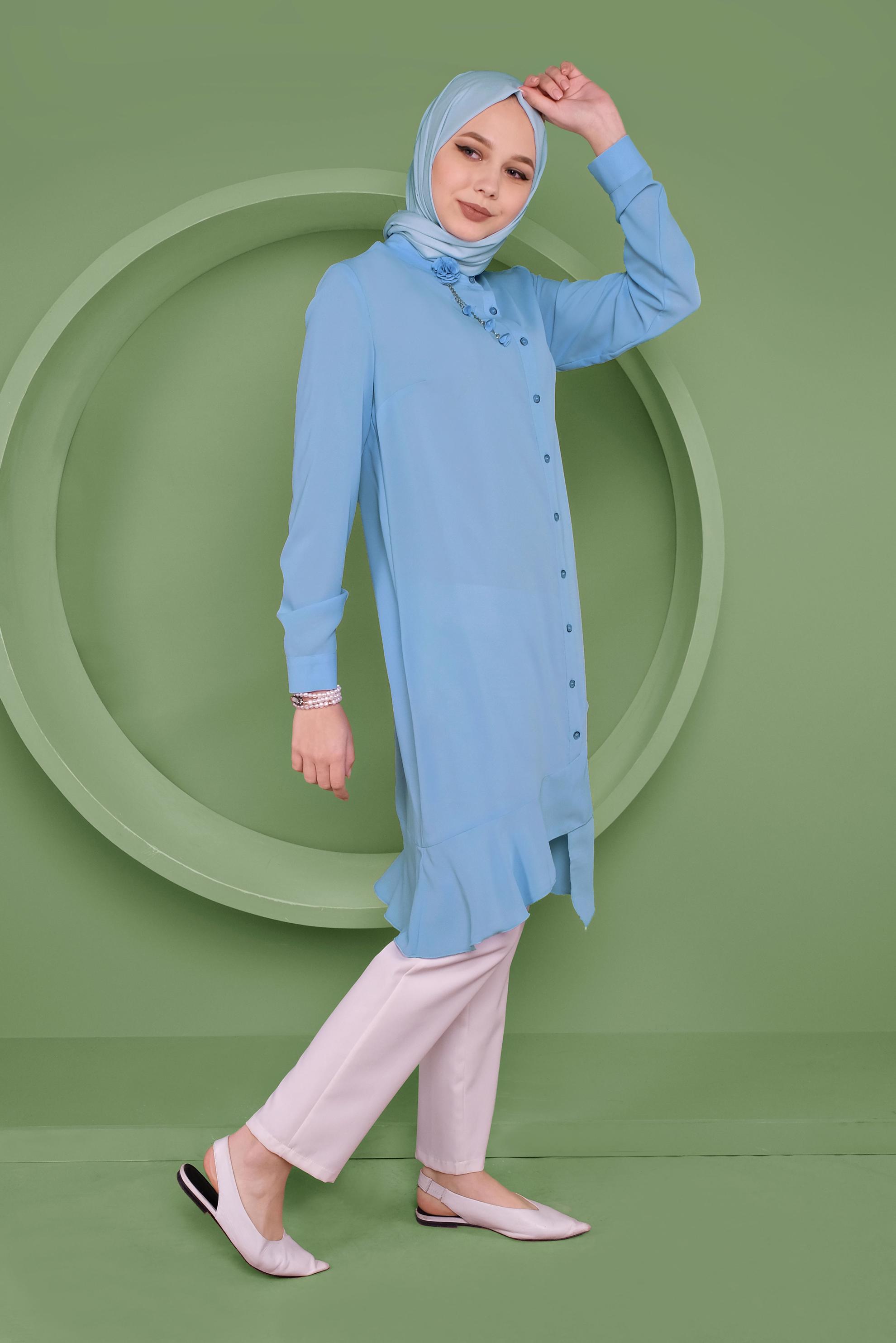 Tesettür giyim MAVİ ETEKUCU FIRFIRLI ASİMETRİK KESİM TUNİK 41348