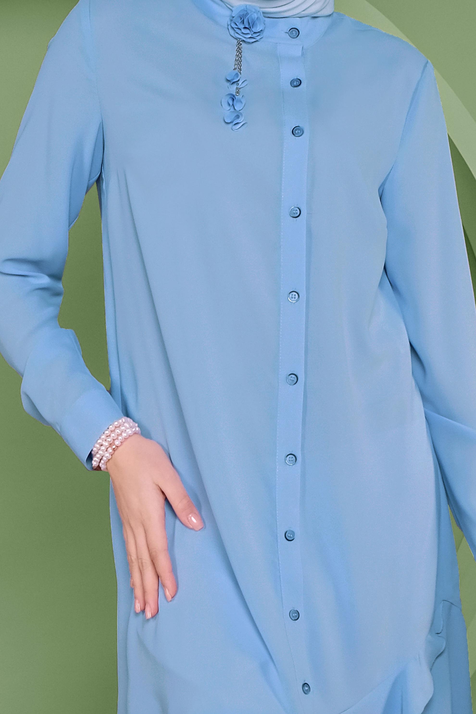 Tesettür giyim MAVİ ETEKUCU FIRFIRLI ASİMETRİK KESİM TUNİK 41348