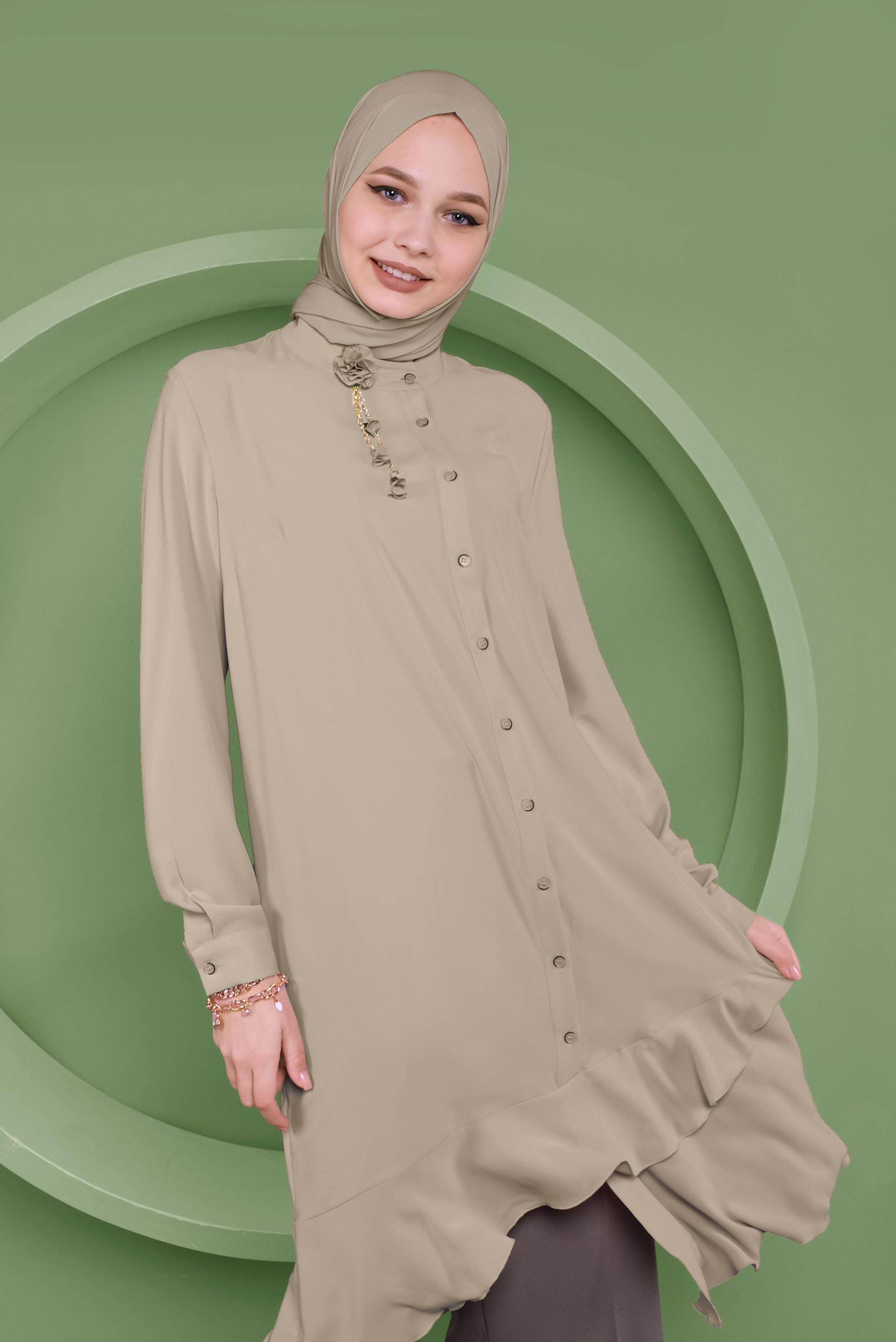 Tesettür giyim BEJ ETEKUCU FIRFIRLI ASİMETRİK KESİM TUNİK 41348