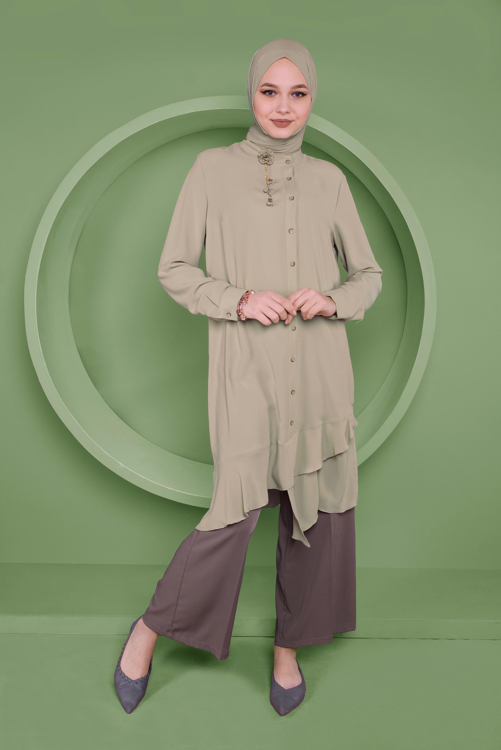 Tesettür giyim BEJ ETEKUCU FIRFIRLI ASİMETRİK KESİM TUNİK 41348