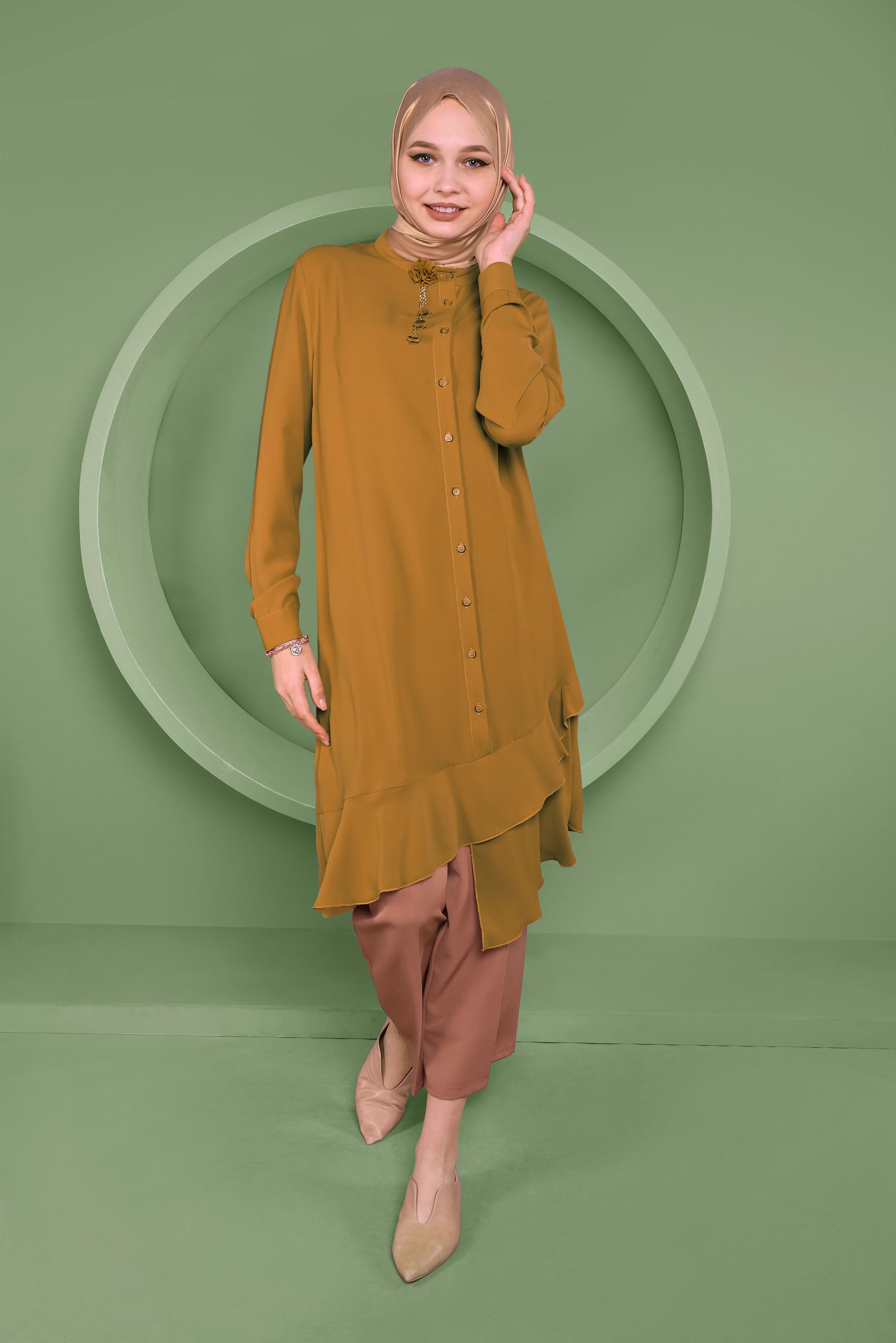 Tesettür giyim SARI ETEKUCU FIRFIRLI ASİMETRİK KESİM TUNİK 41348