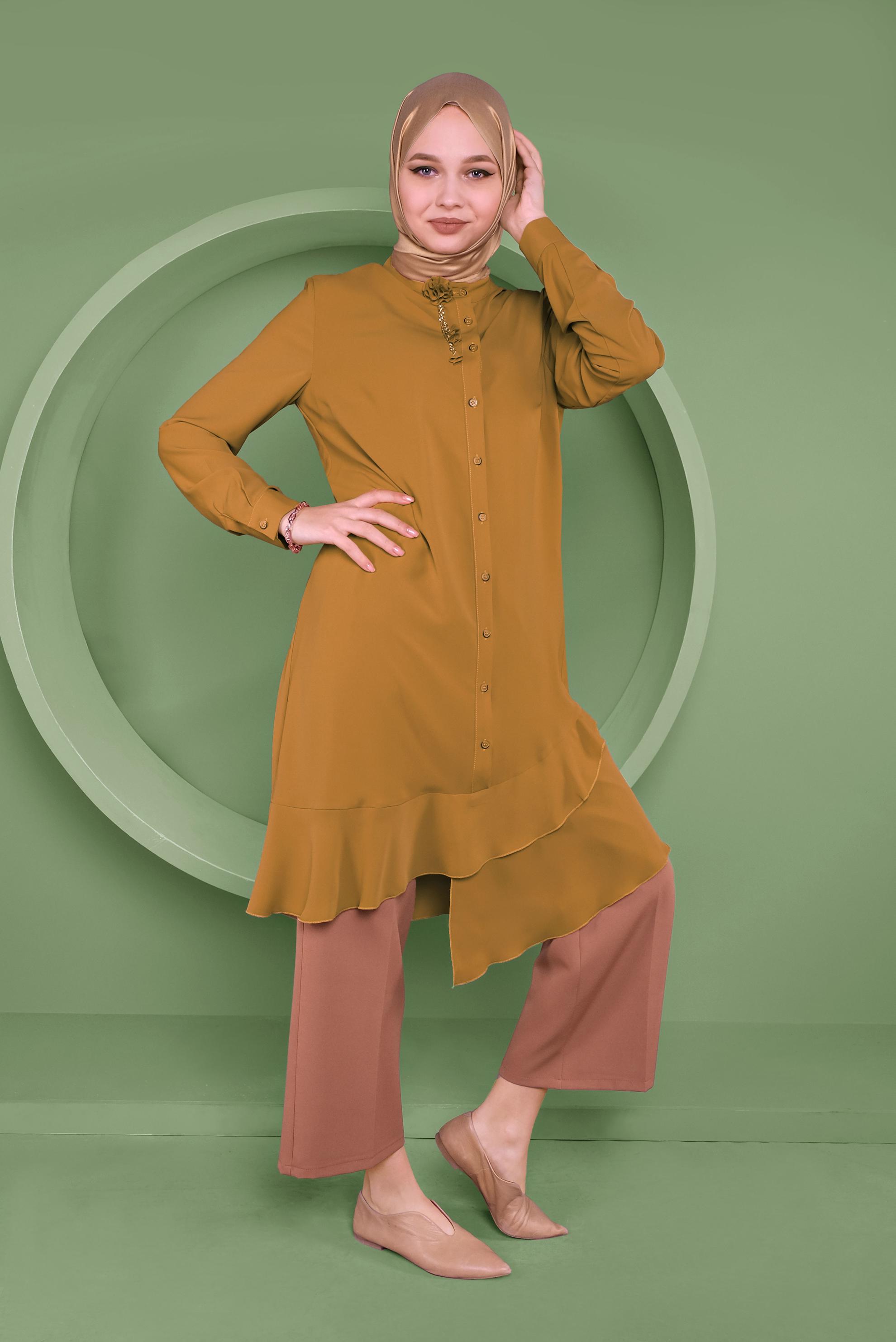 Tesettür giyim SARI ETEKUCU FIRFIRLI ASİMETRİK KESİM TUNİK 41348