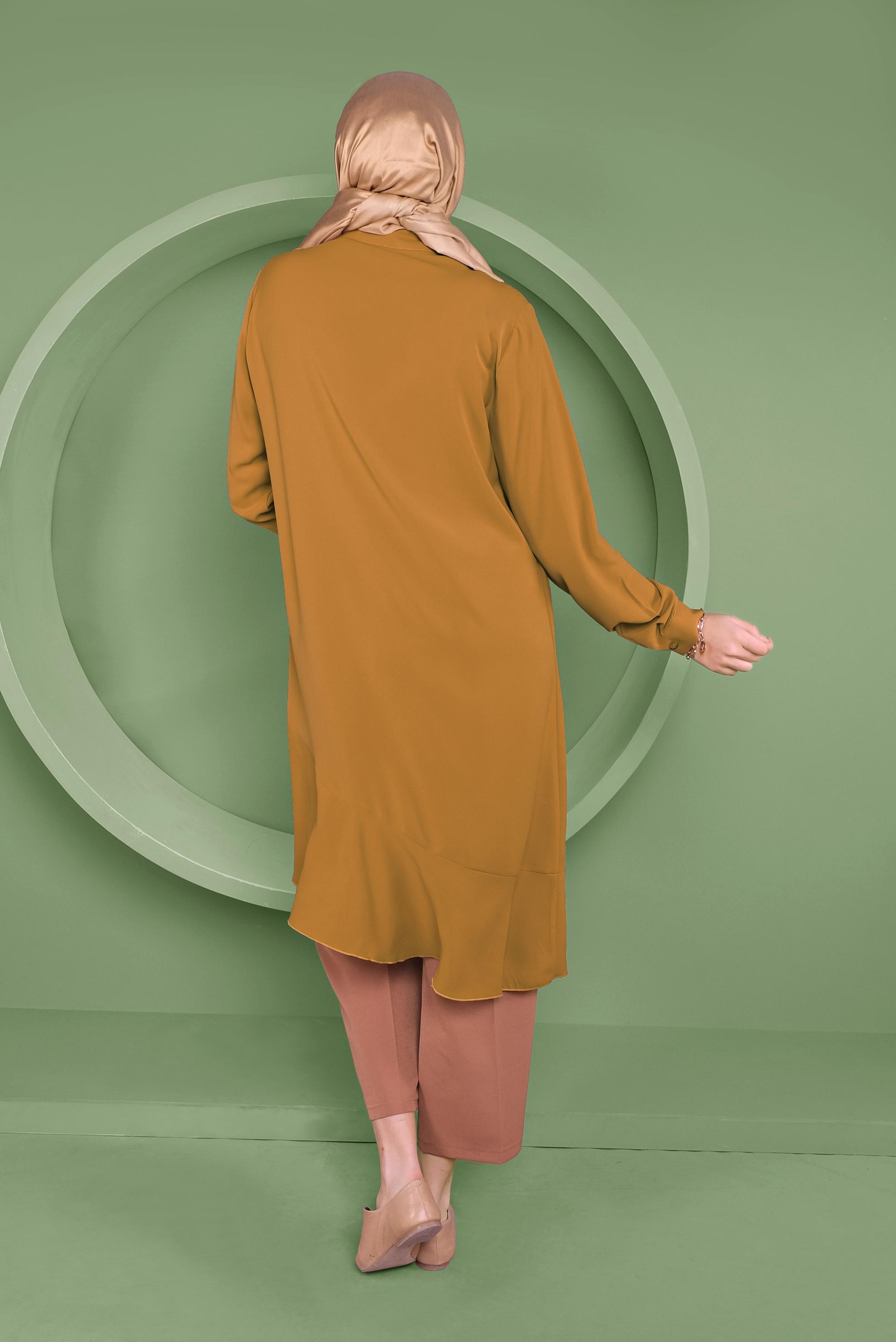 Tesettür giyim SARI ETEKUCU FIRFIRLI ASİMETRİK KESİM TUNİK 41348