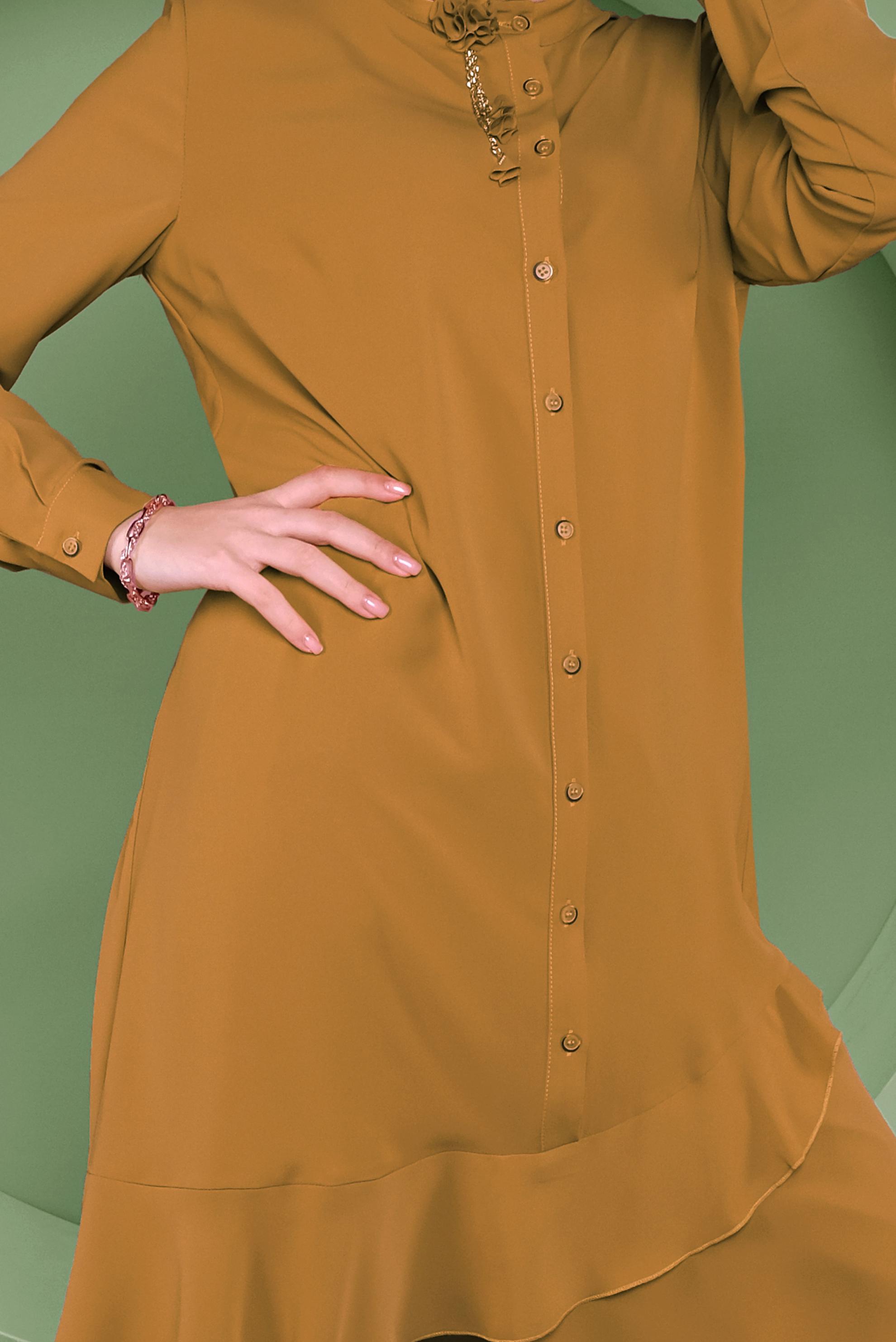 Tesettür giyim SARI ETEKUCU FIRFIRLI ASİMETRİK KESİM TUNİK 41348