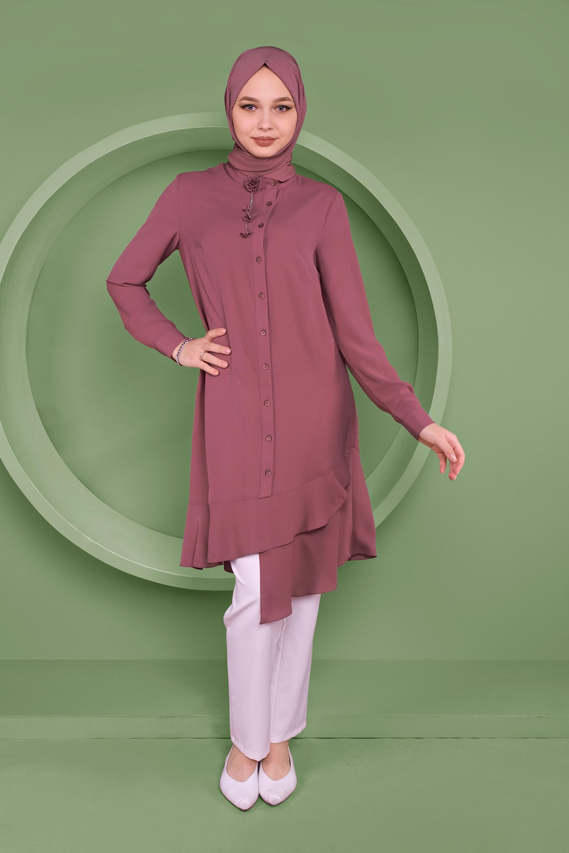 Tesettür giyim PEMBE ETEKUCU FIRFIRLI ASİMETRİK KESİM TUNİK 41348