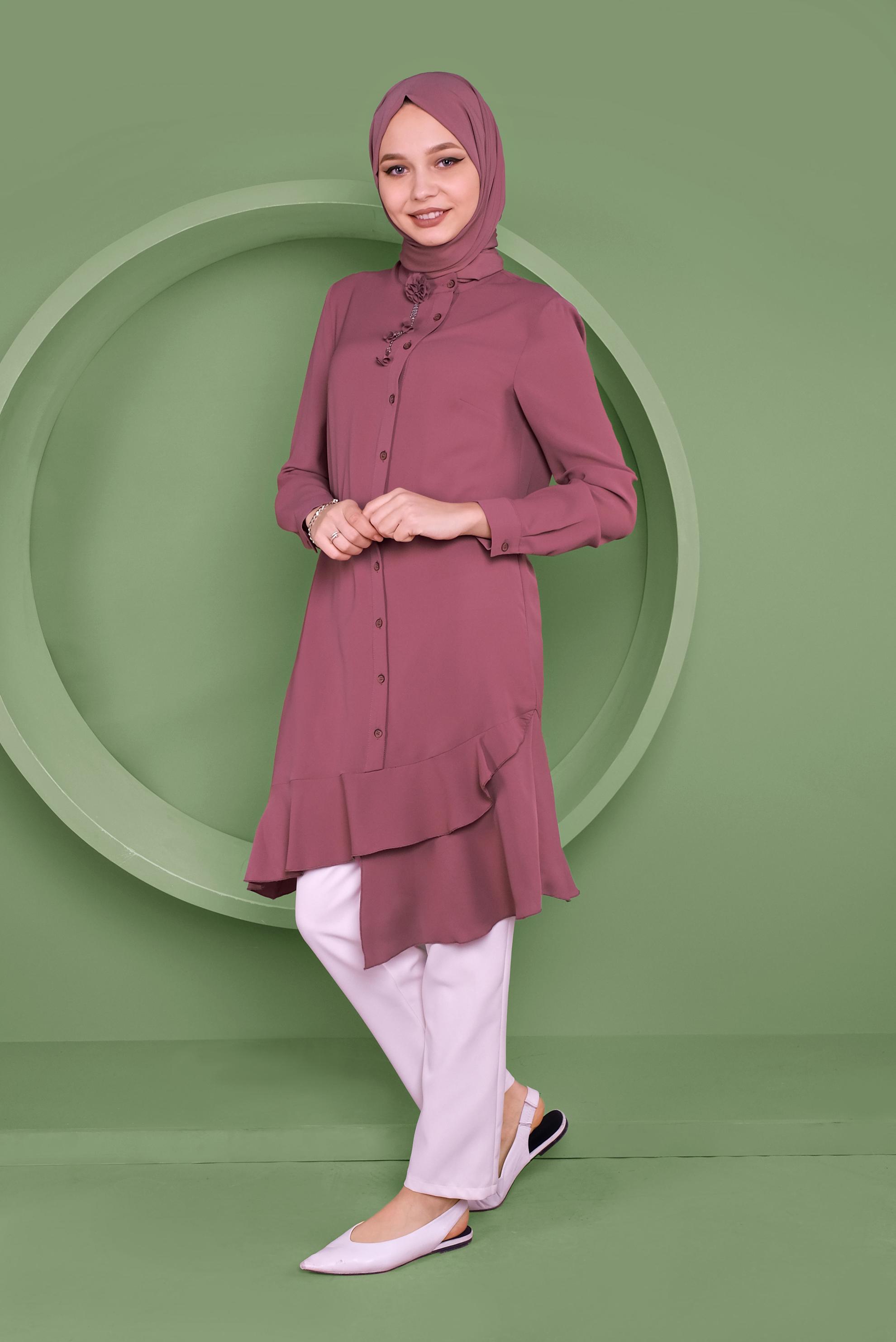 Tesettür giyim PEMBE ETEKUCU FIRFIRLI ASİMETRİK KESİM TUNİK 41348