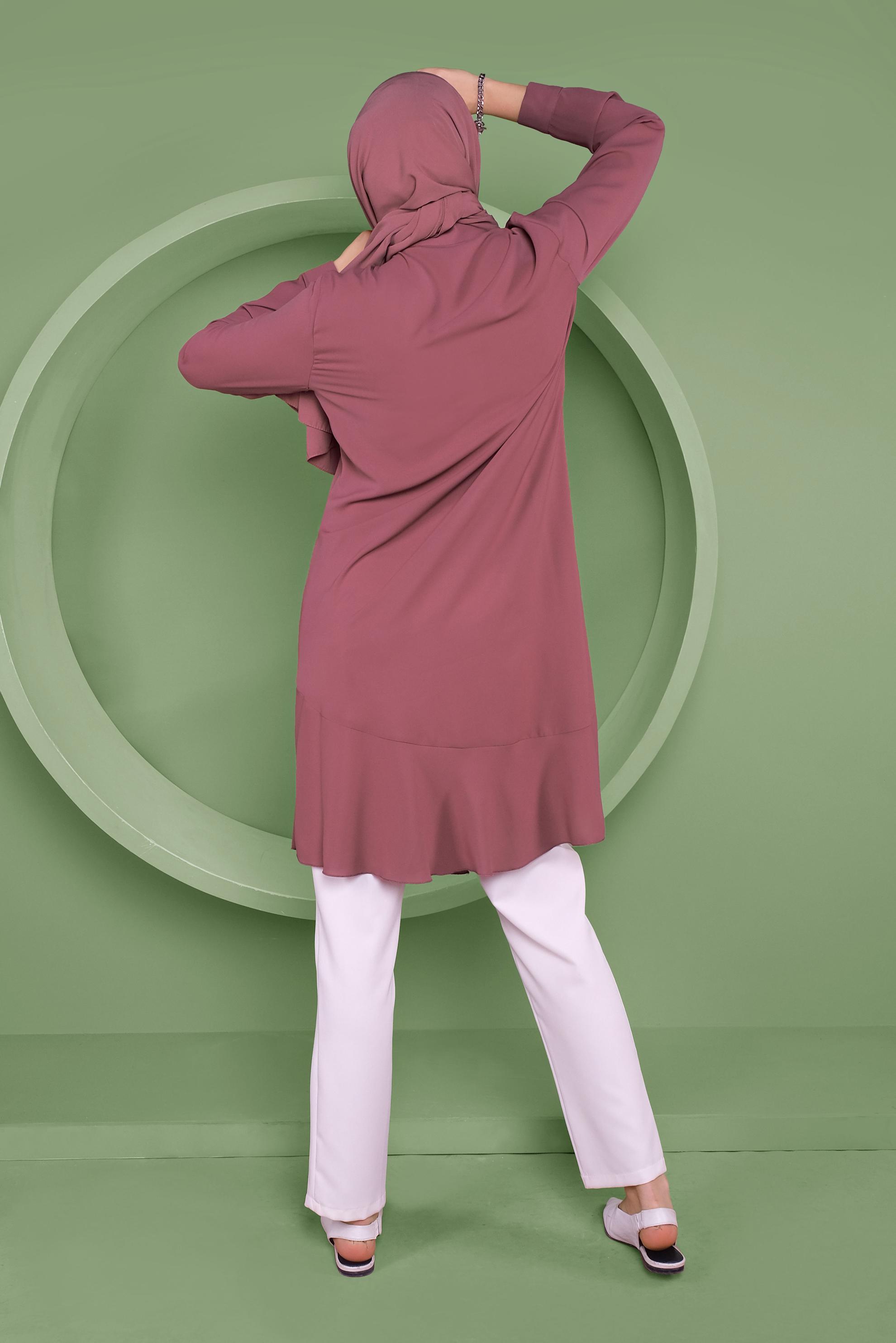 Tesettür giyim PEMBE ETEKUCU FIRFIRLI ASİMETRİK KESİM TUNİK 41348