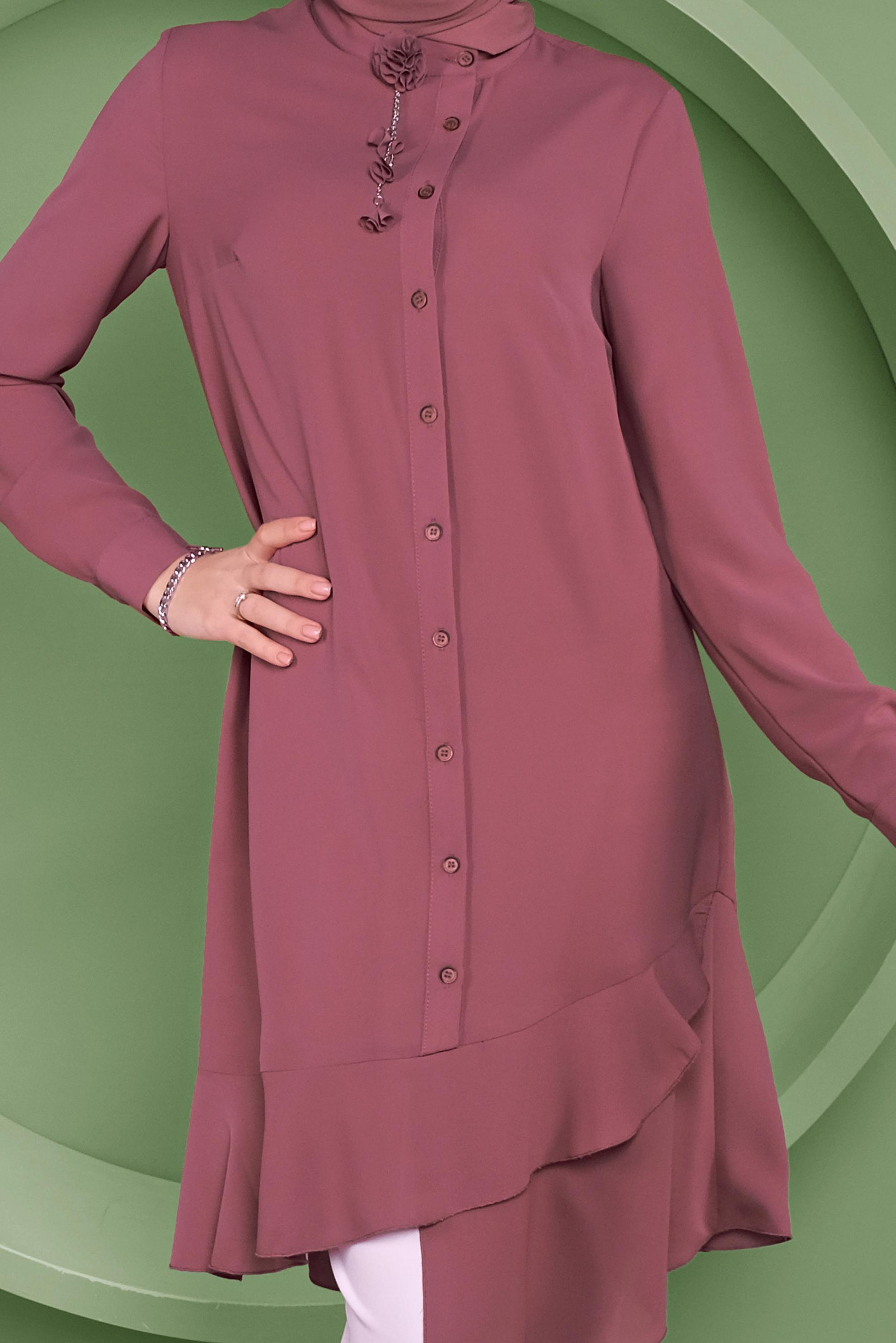 Tesettür giyim PEMBE ETEKUCU FIRFIRLI ASİMETRİK KESİM TUNİK 41348