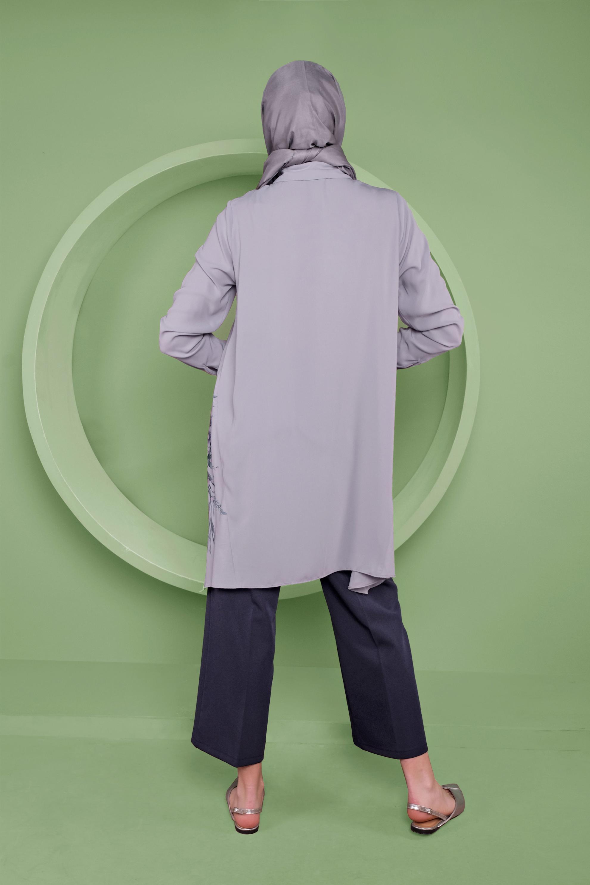 Tesettür giyim GRİ ASİMETRİK KESİM ÇİÇEK DESENLİ TUNİK 41349