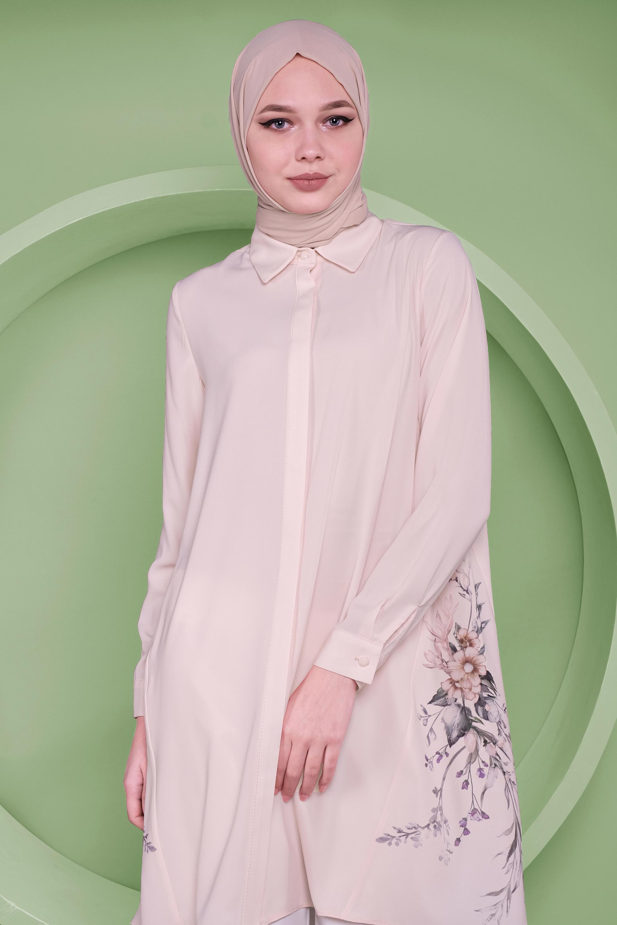 Tesettür giyim PUDRA ASİMETRİK KESİM ÇİÇEK DESENLİ TUNİK 41349