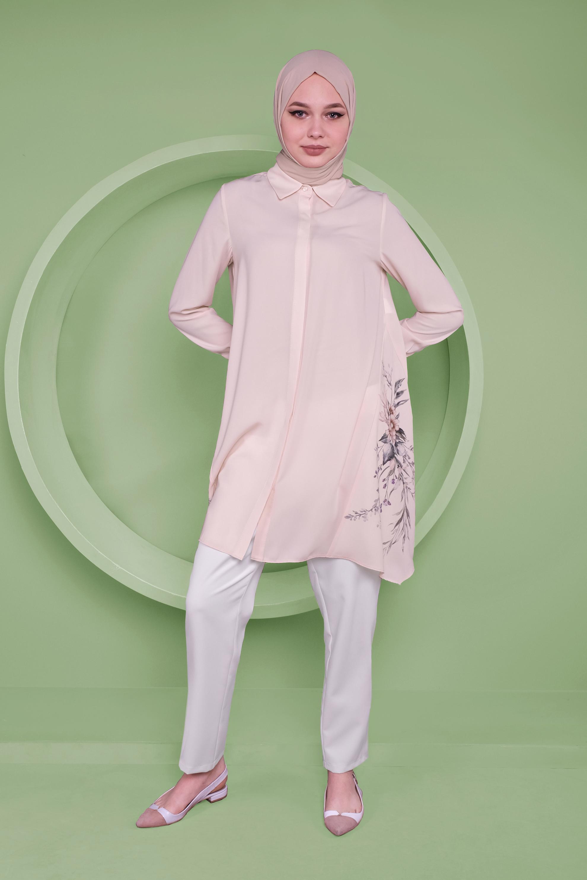 Tesettür giyim PUDRA ASİMETRİK KESİM ÇİÇEK DESENLİ TUNİK 41349