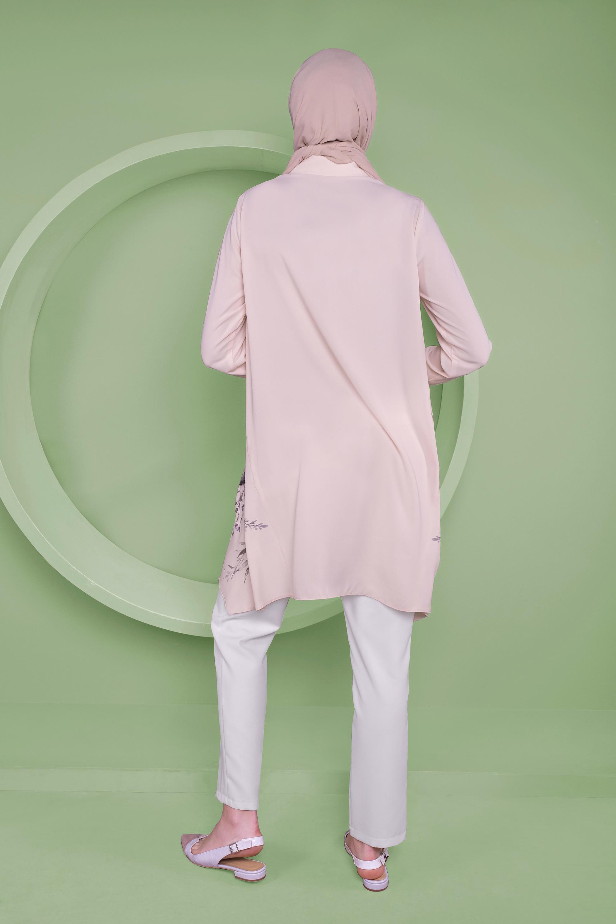 Tesettür giyim PUDRA ASİMETRİK KESİM ÇİÇEK DESENLİ TUNİK 41349