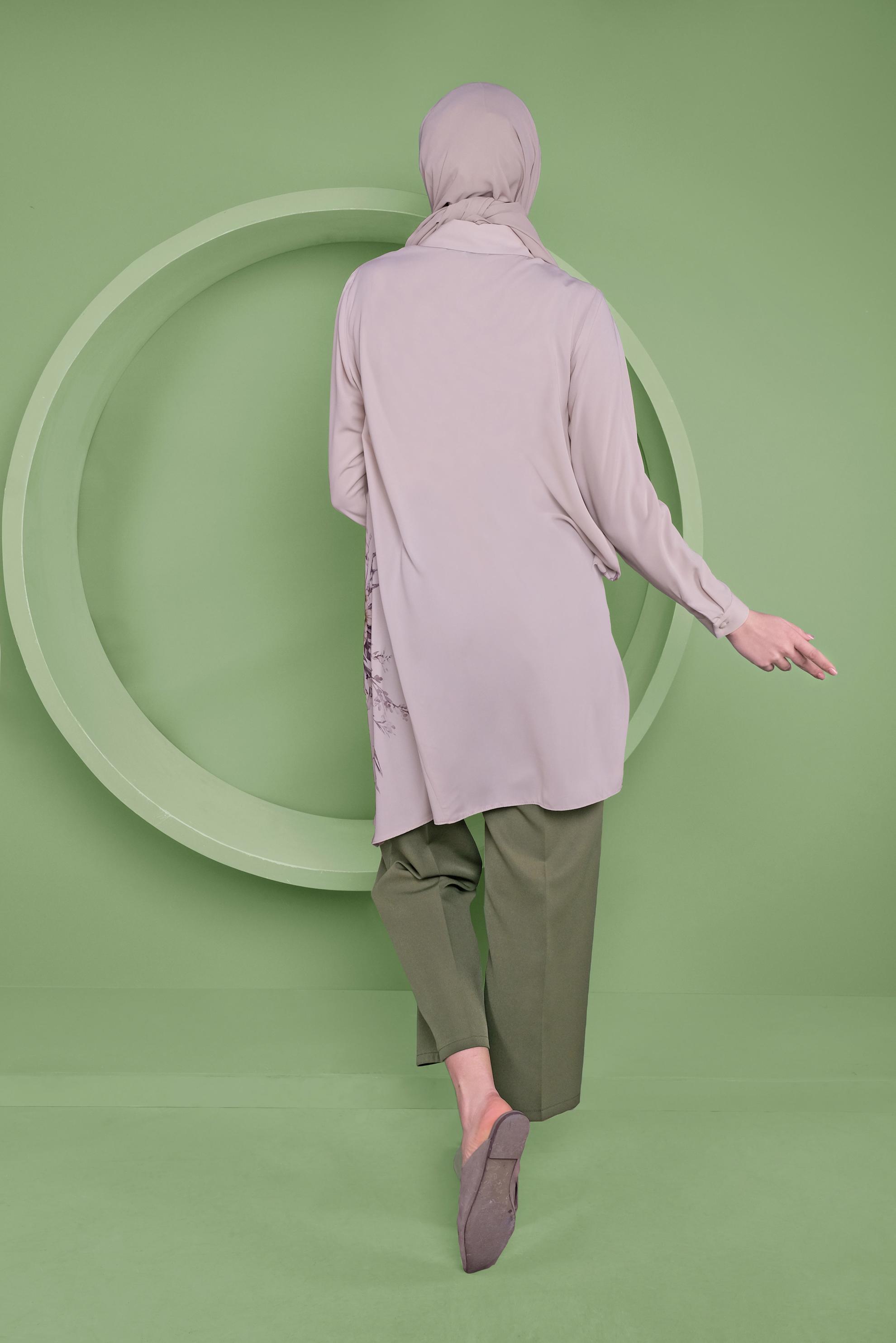 Tesettür giyim EKRU ASİMETRİK KESİM ÇİÇEK DESENLİ TUNİK 41349