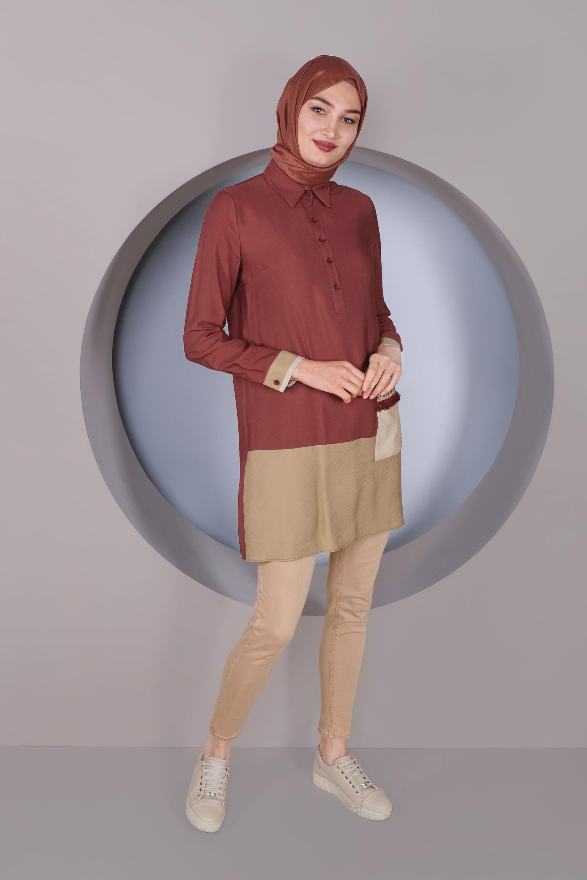 Tesettür giyim BORDO CEP İŞLEMELİ DÜĞMELİ TUNİK 41350