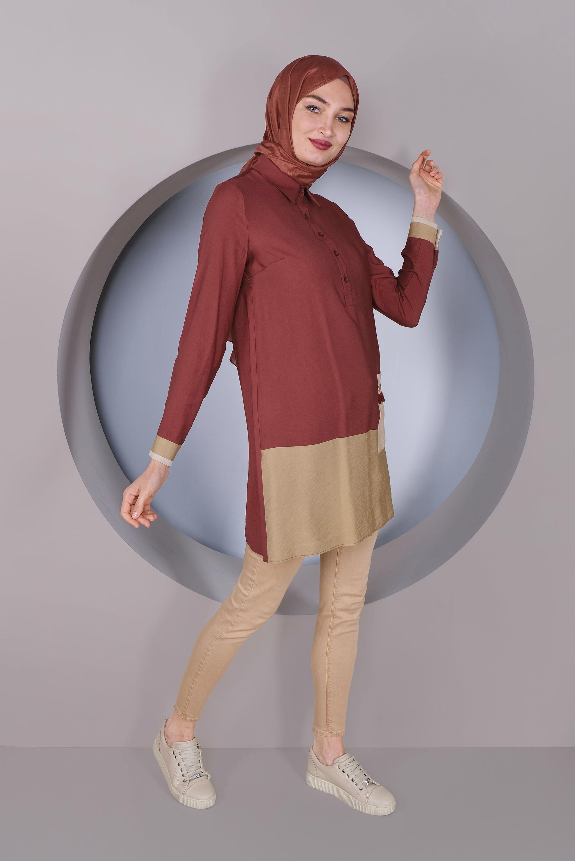 Tesettür giyim BORDO CEP İŞLEMELİ DÜĞMELİ TUNİK 41350