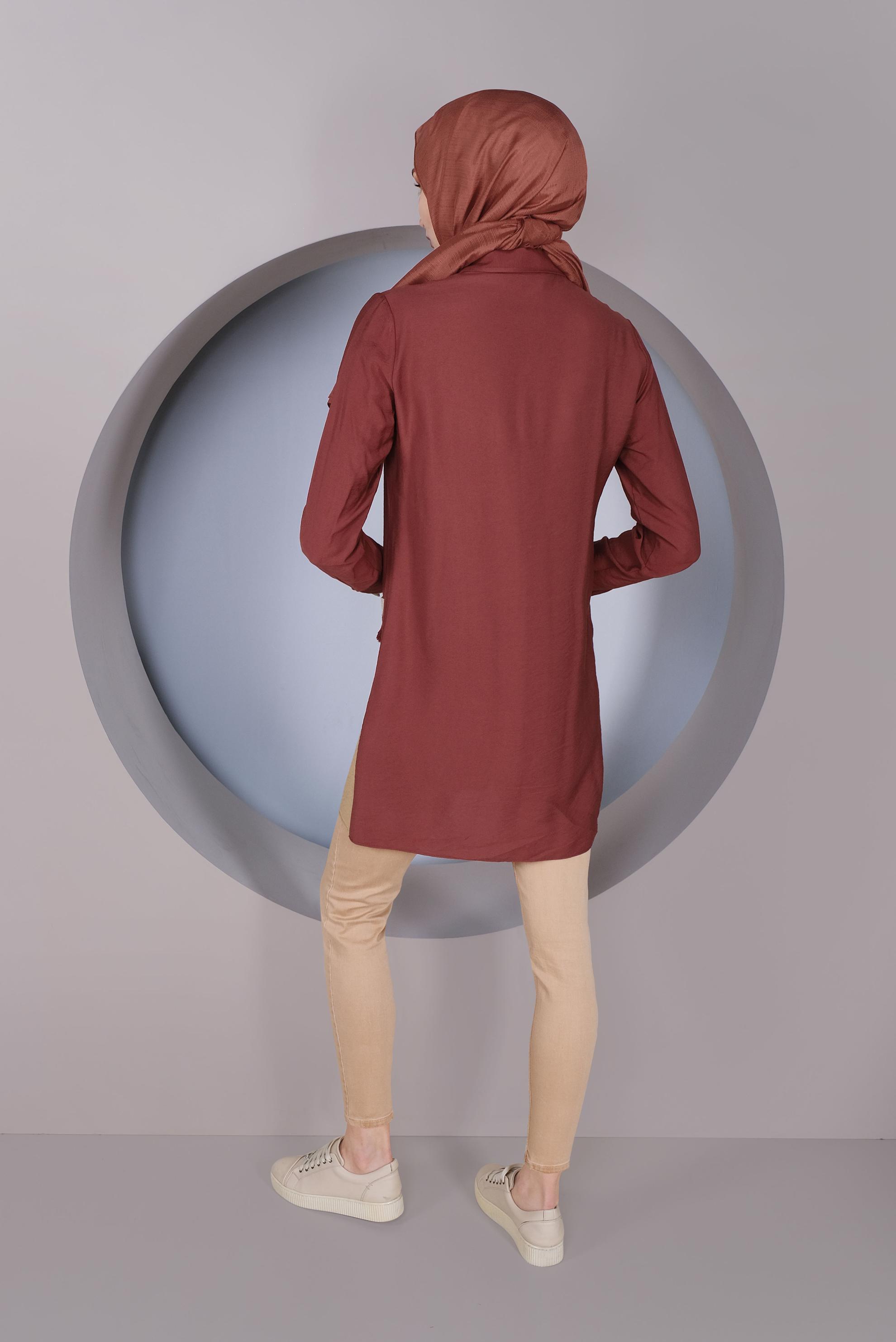 Tesettür giyim BORDO CEP İŞLEMELİ DÜĞMELİ TUNİK 41350