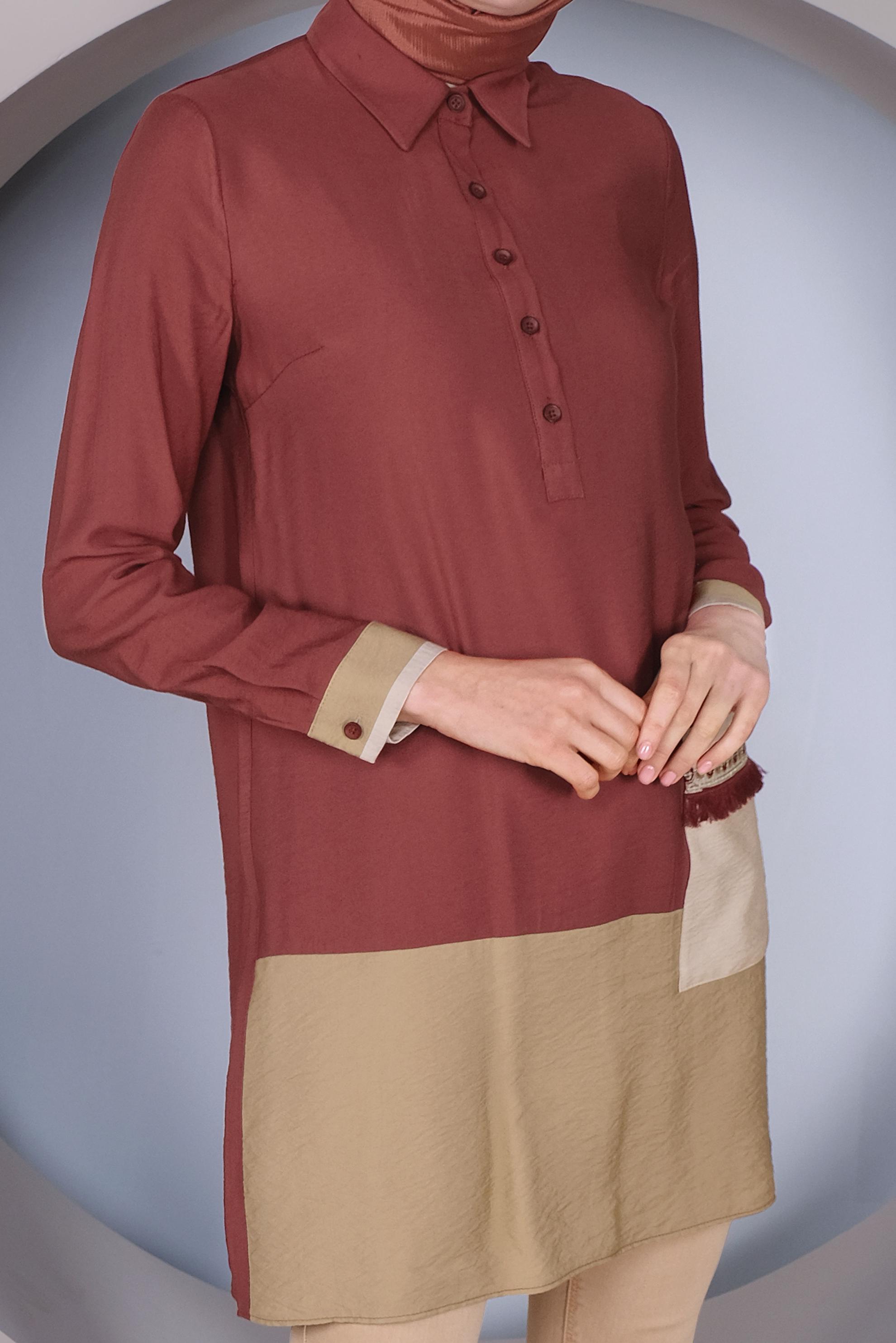 Tesettür giyim BORDO CEP İŞLEMELİ DÜĞMELİ TUNİK 41350