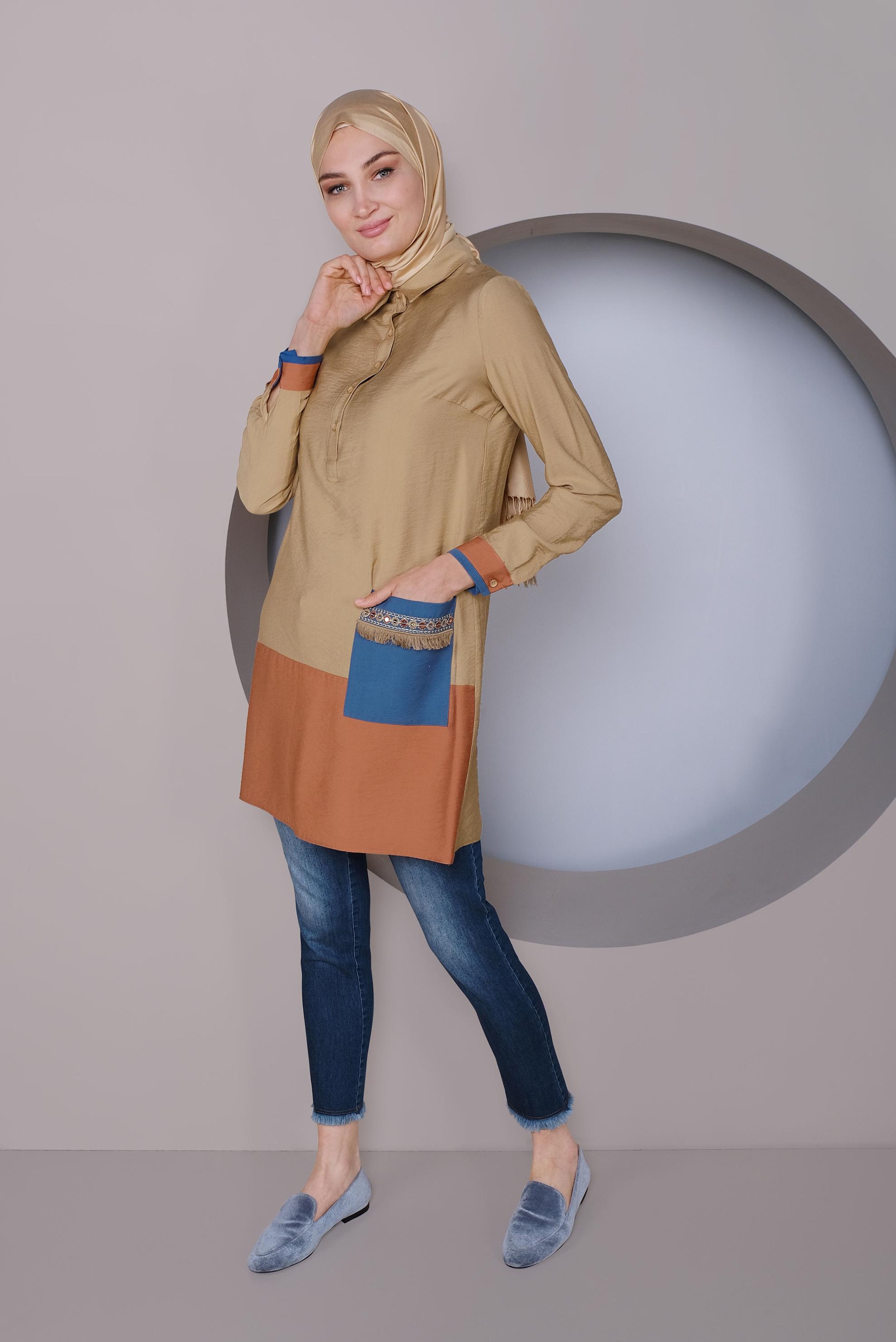 Tesettür giyim KAHVE CEP İŞLEMELİ DÜĞMELİ TUNİK 41350
