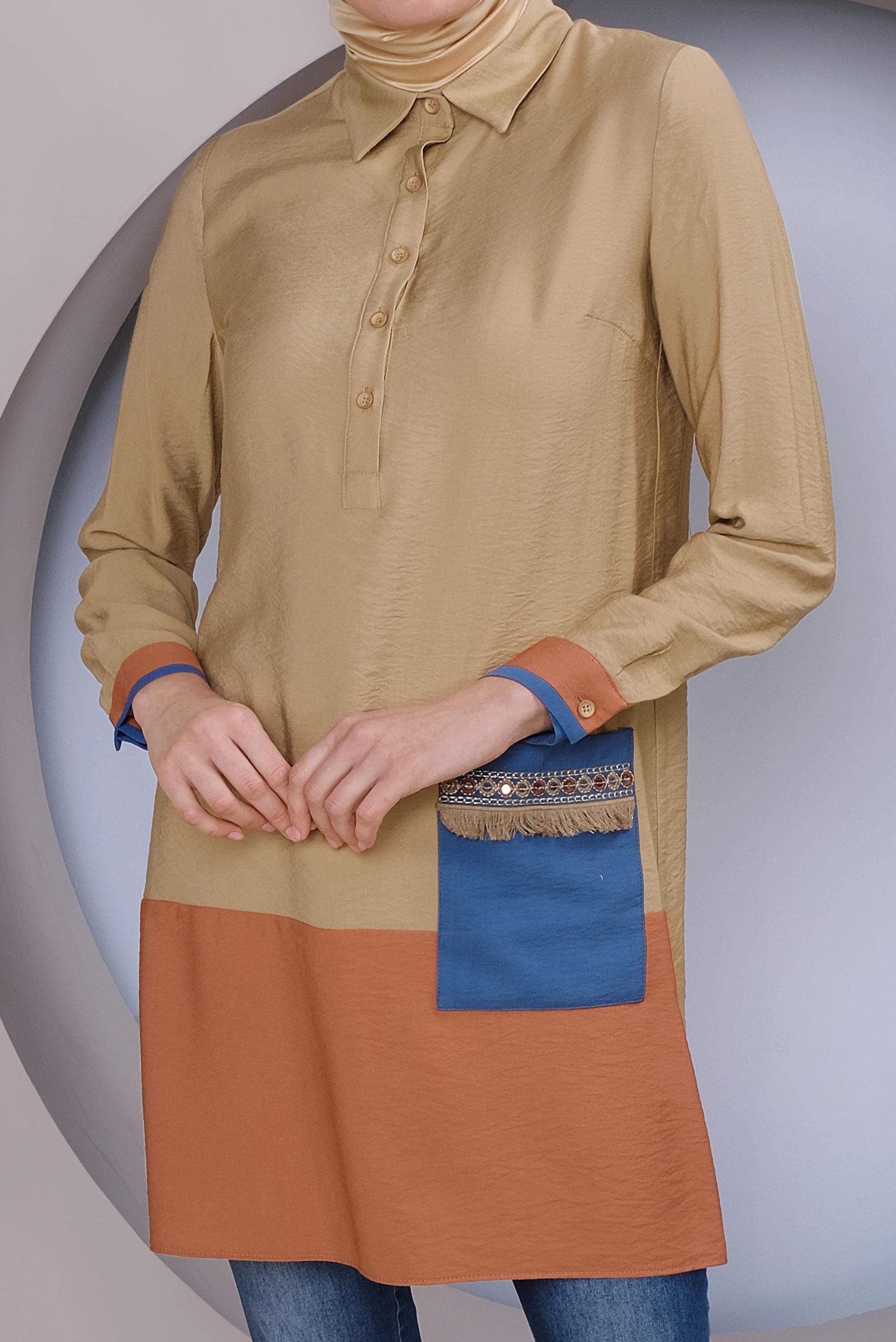 Tesettür giyim KAHVE CEP İŞLEMELİ DÜĞMELİ TUNİK 41350