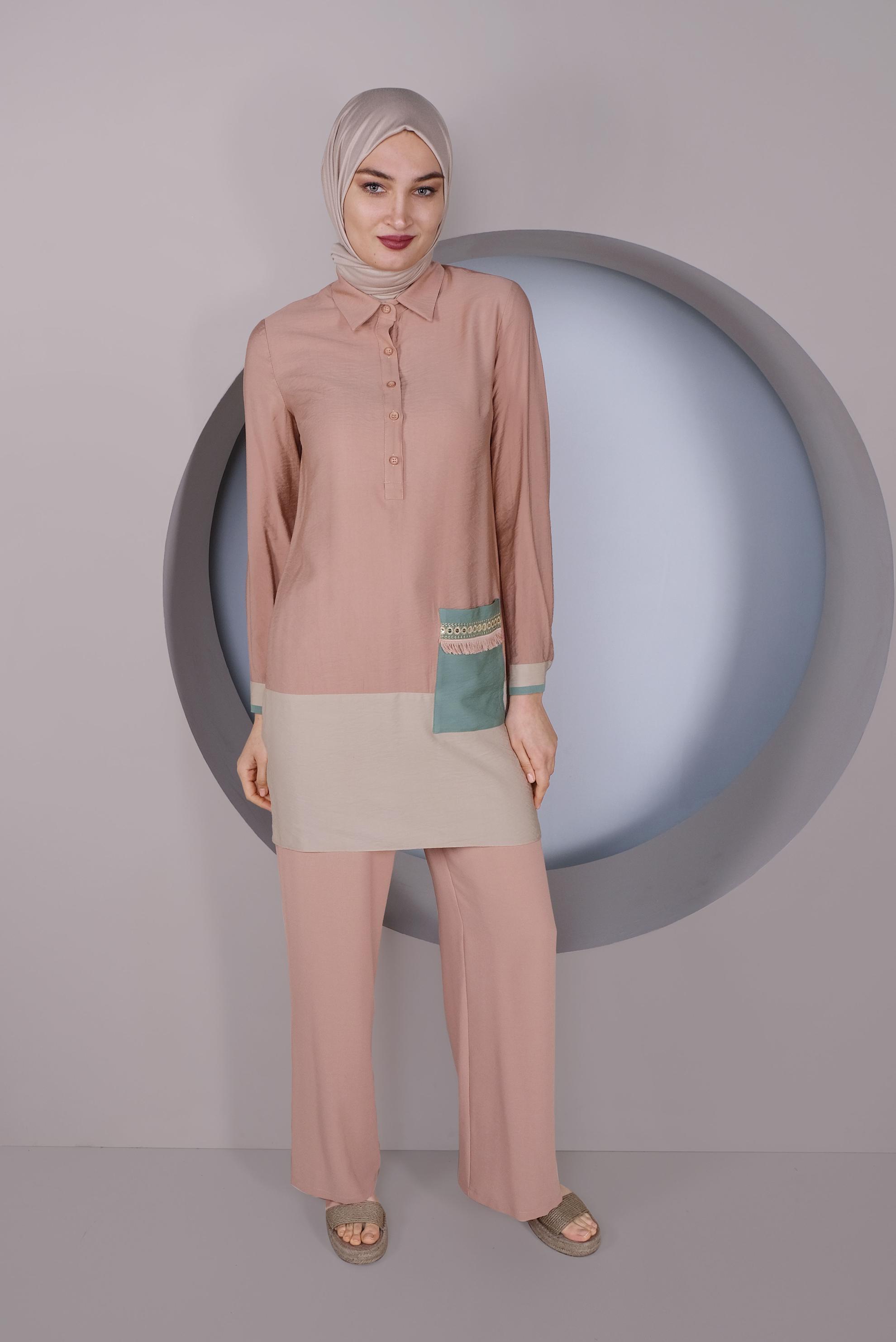 Tesettür giyim PUDRA CEP İŞLEMELİ DÜĞMELİ TUNİK 41350