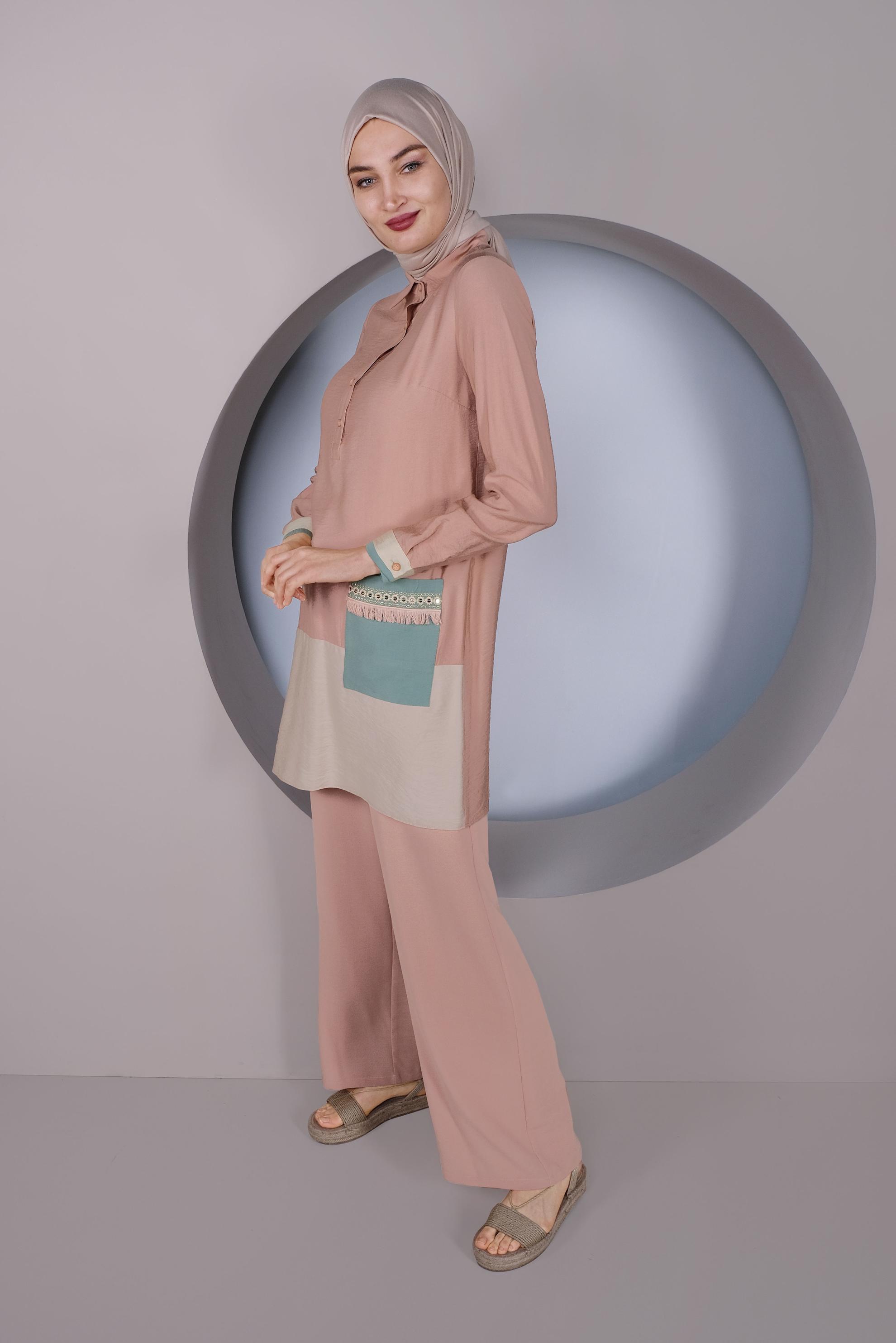 Tesettür giyim PUDRA CEP İŞLEMELİ DÜĞMELİ TUNİK 41350